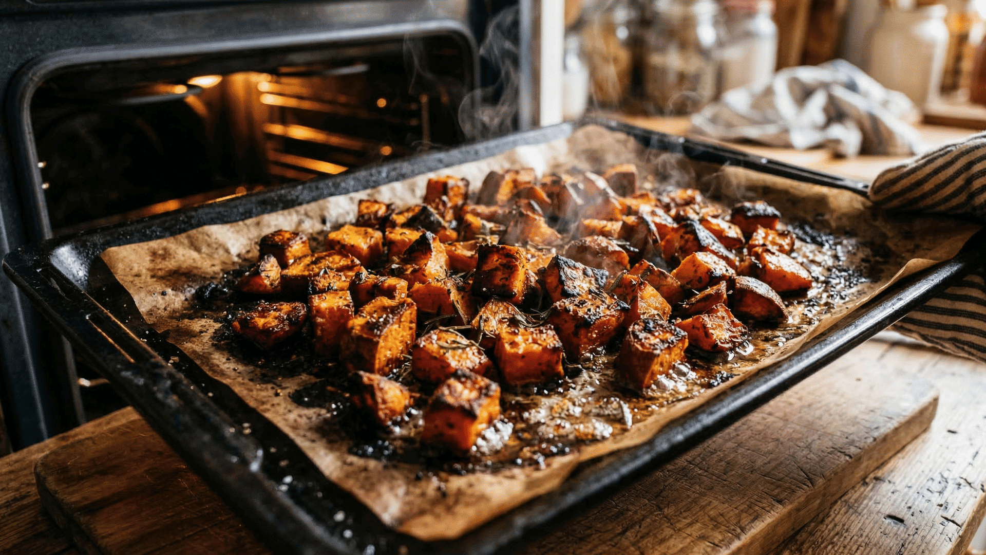 roasted, caramelized sweet potato cubes on a pan with steam, coming straight out of the oven