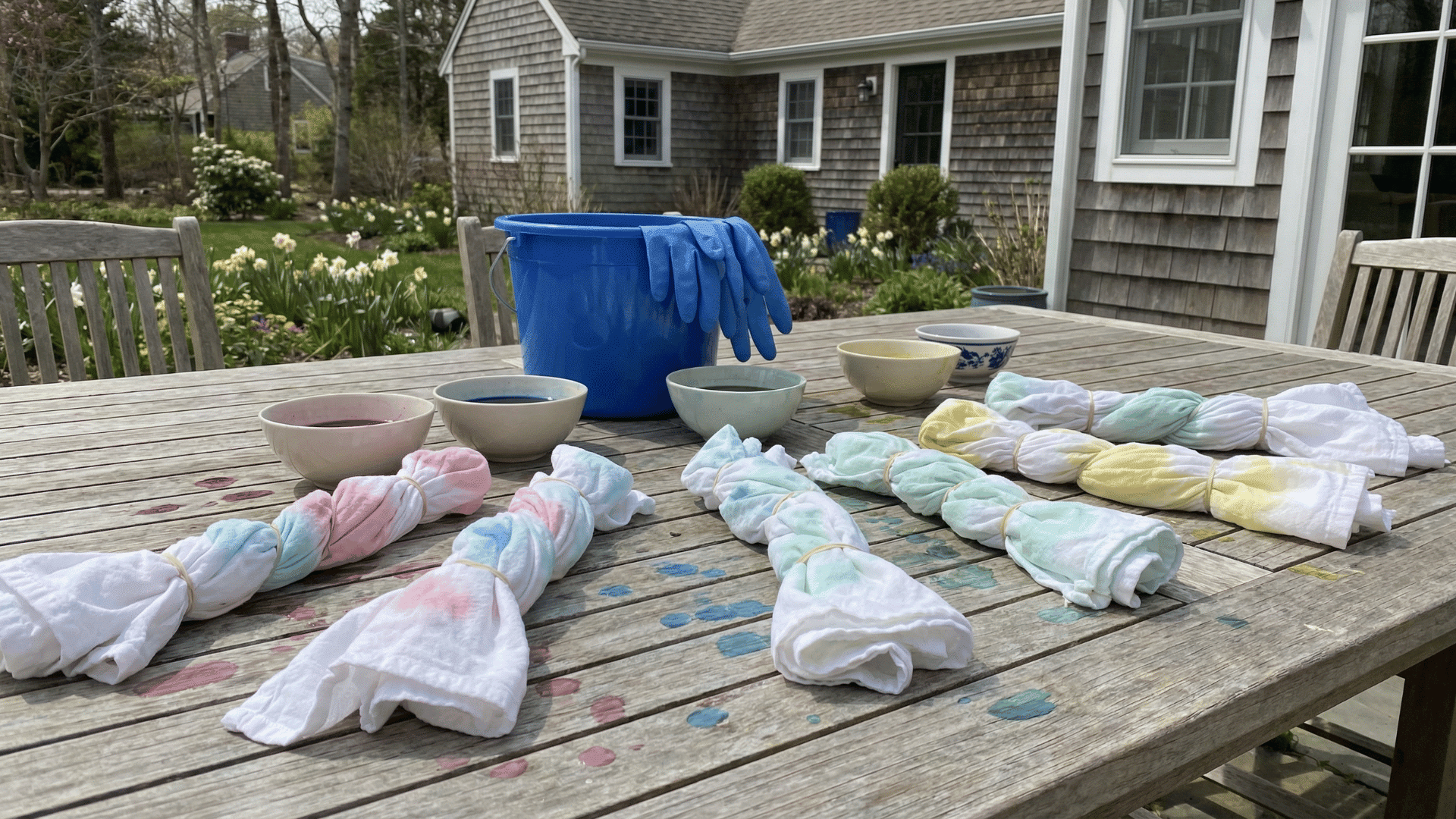 rolled white fabric bundles sit on an outdoor wooden table alongside bowls of pastel dye, blue gloves, and a bucket.
