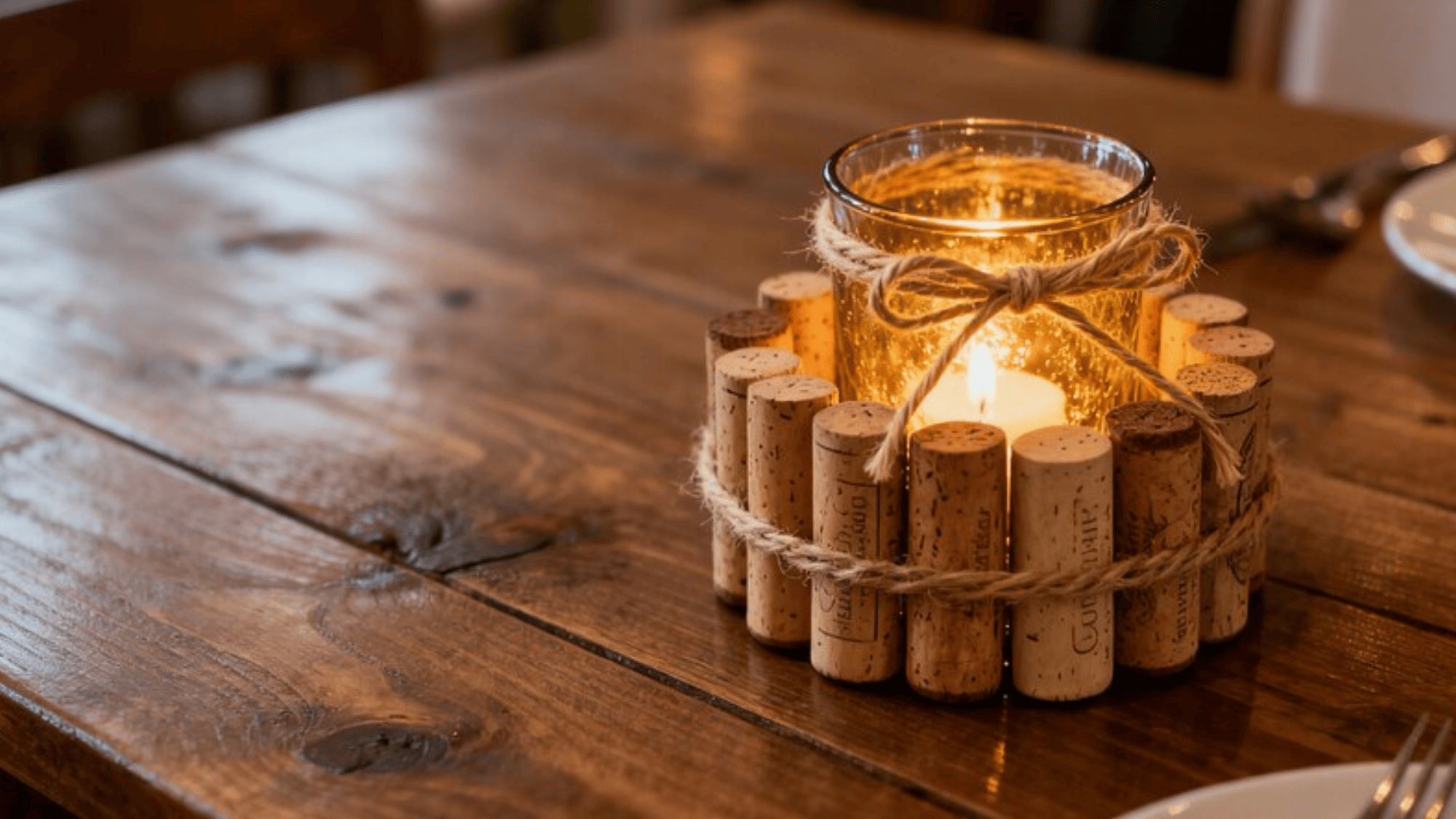 rustic DIY candle holder with wine corks standing vertically around a glass votive tied with natural twine, warm candlelight
