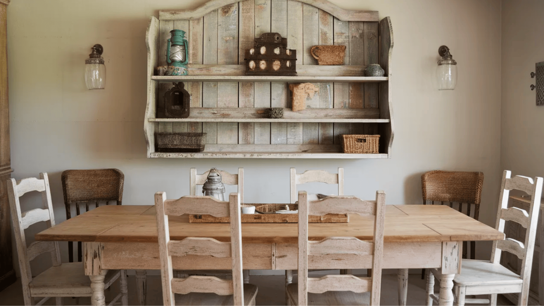 rustic dining area featuring a wooden table and chairs with a charming vintage shelf in the background