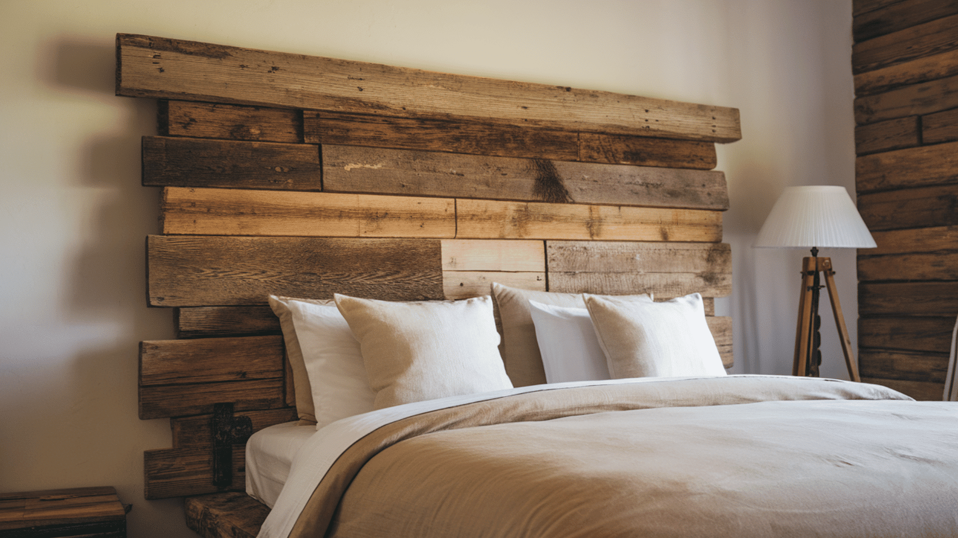 rustic wood headboard with neutral bedding in a cozy cabin bedroom.