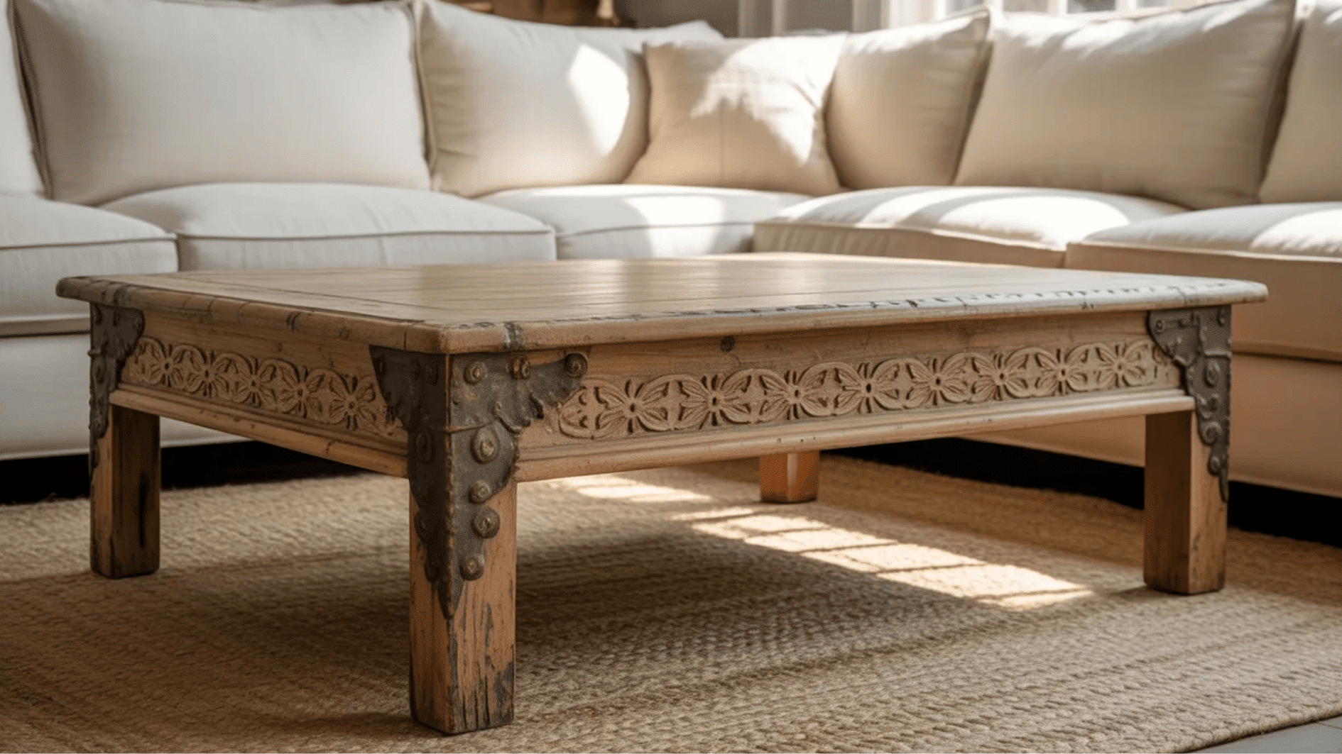 rustic wooden coffee table with detailed carvings and metal accents, complementing the neutral-toned sofa in a cozy living room