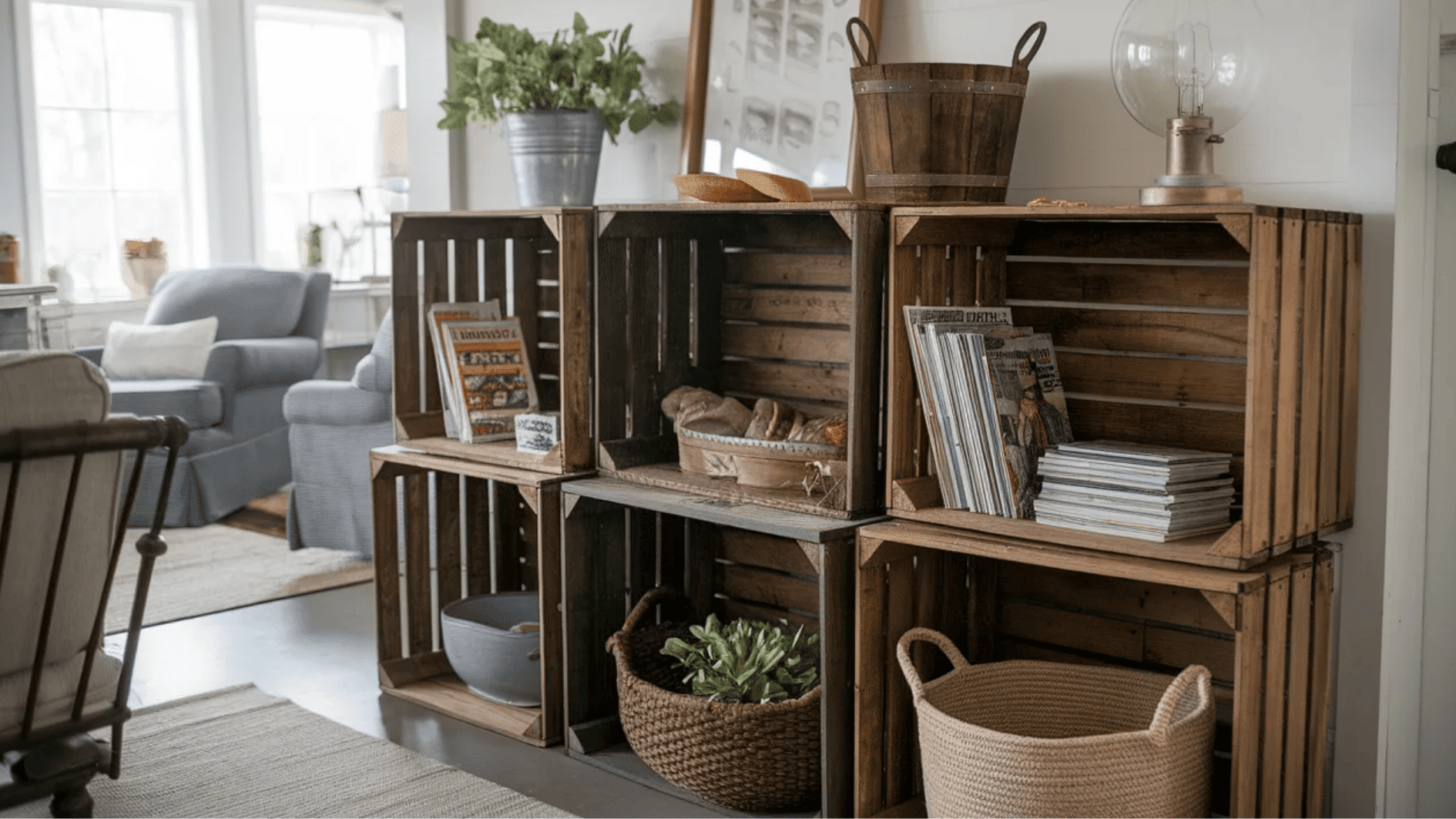 rustic wooden crates used as storage, holding magazines, plants, and other items, adding a cozy, farmhouse-style touch