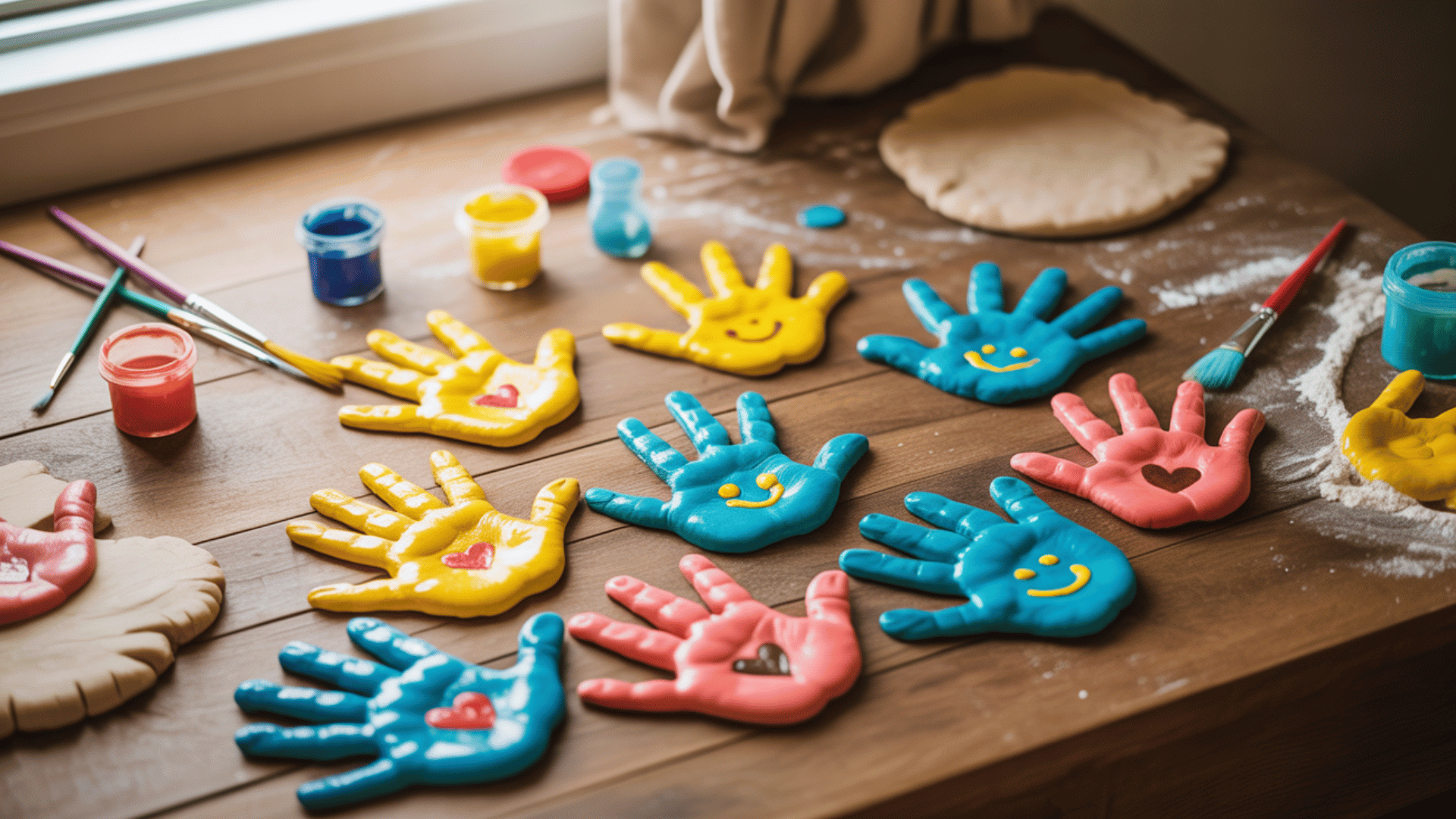 salt dough handprint pressed into soft dough, baked and painted with bright colors, resting on a table (1)