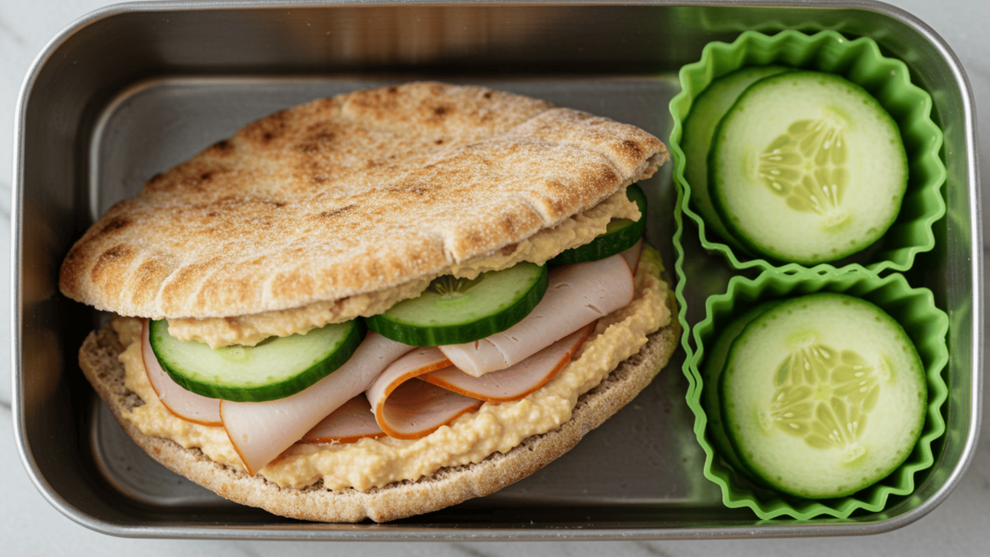 sandwich made with pita, hummus, a few cucumber and turkey slices, packed neatly in a lunchbox