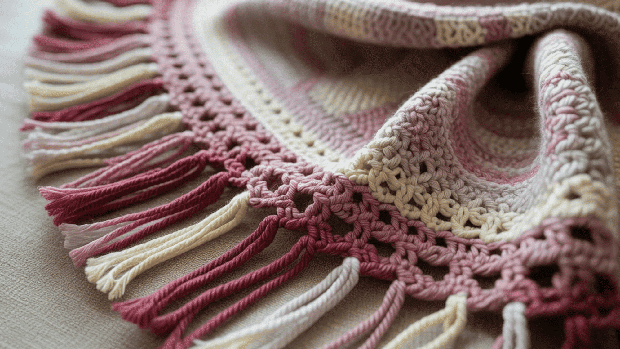 scarf fringe crochet border in shades of pink