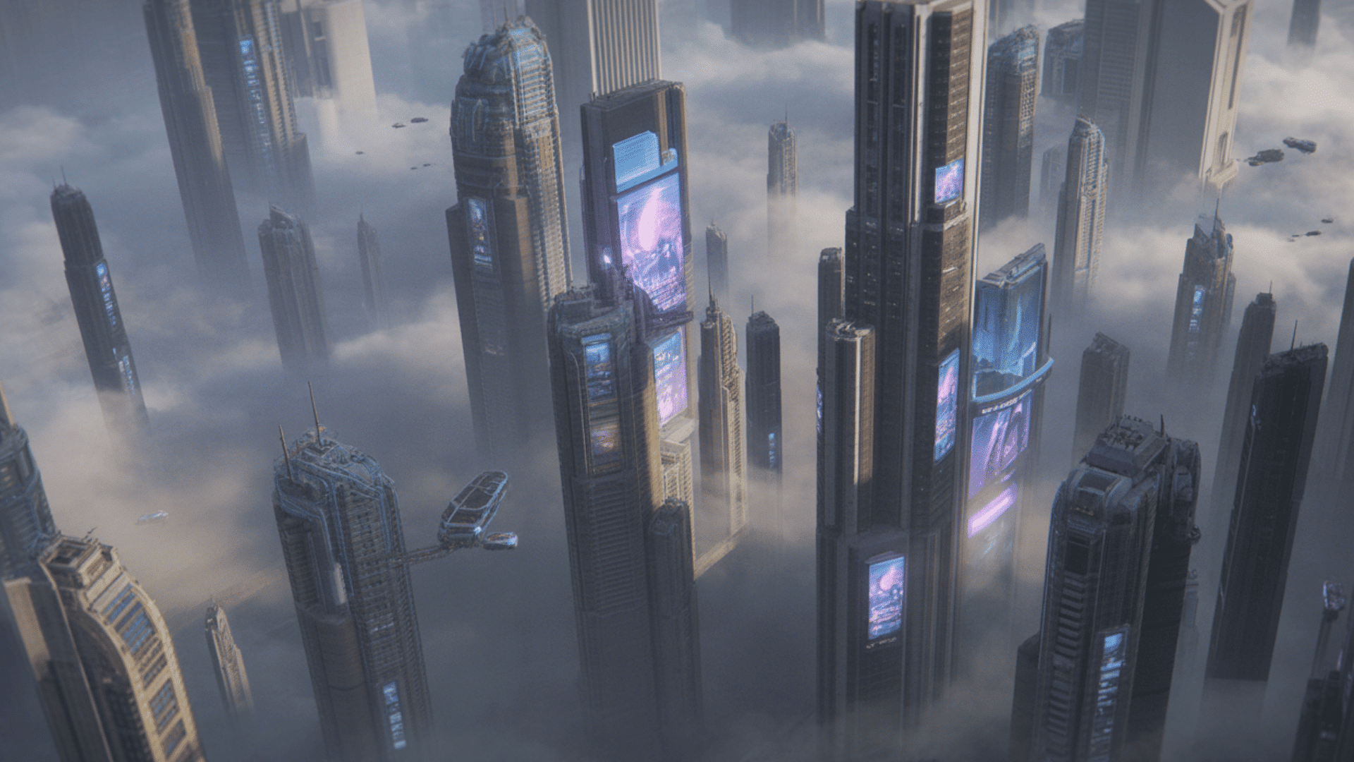 sci fi concept art city created using photobashing with blended photographic textures, towering buildings, and dramatic futuristic lighting
