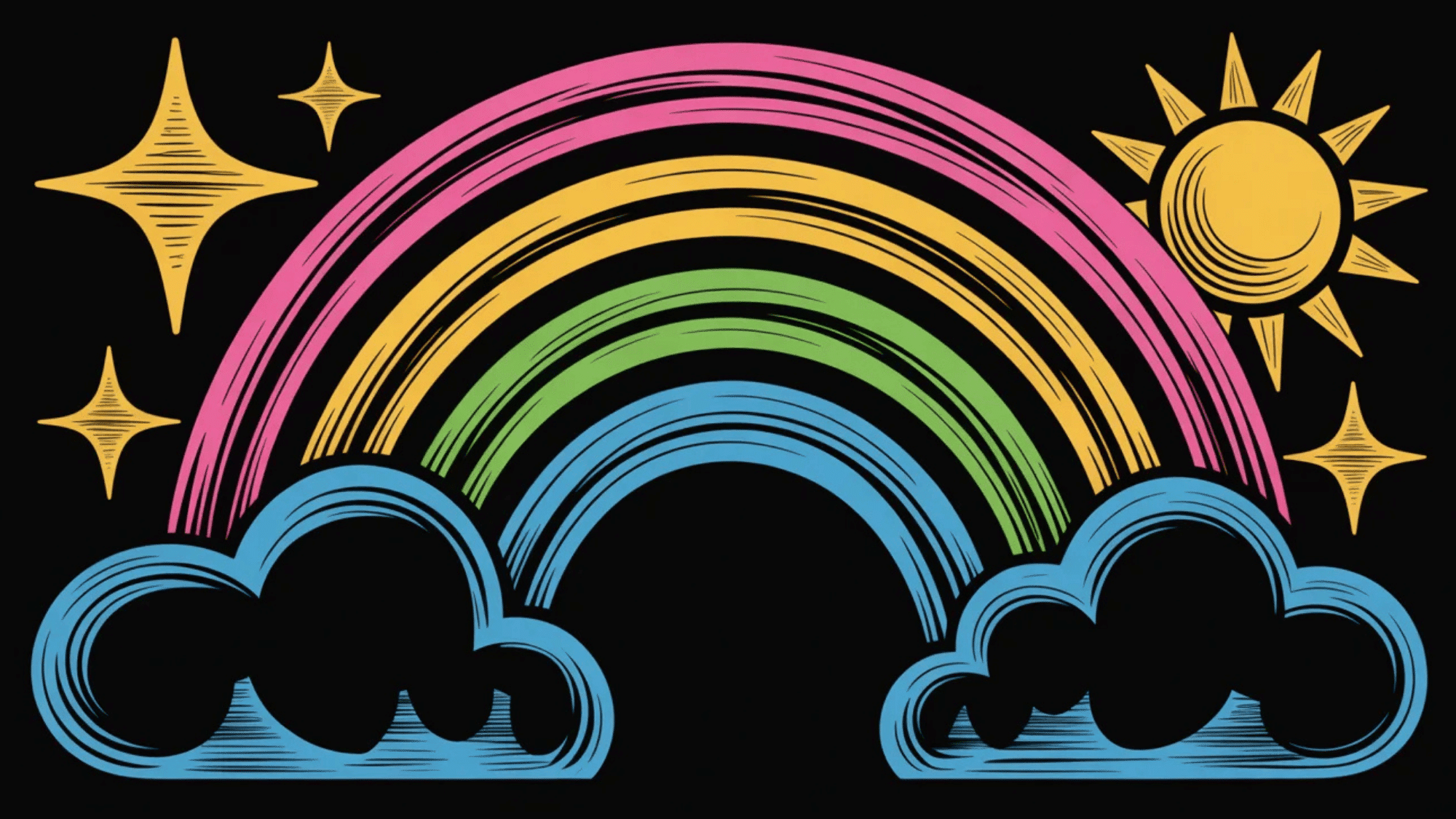 scratch art rainbow with clouds, sun, and stars