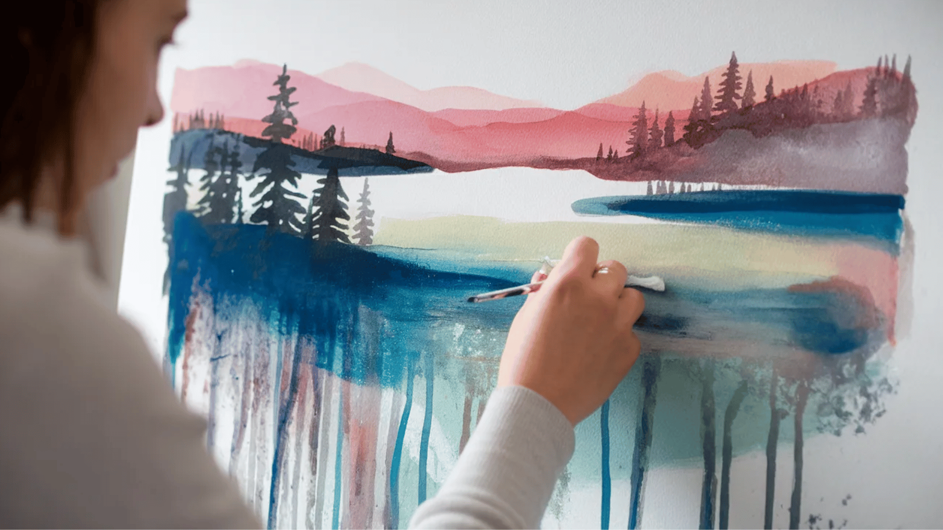 serene landscape painted with soft watercolor acrylic wash effect blending colors