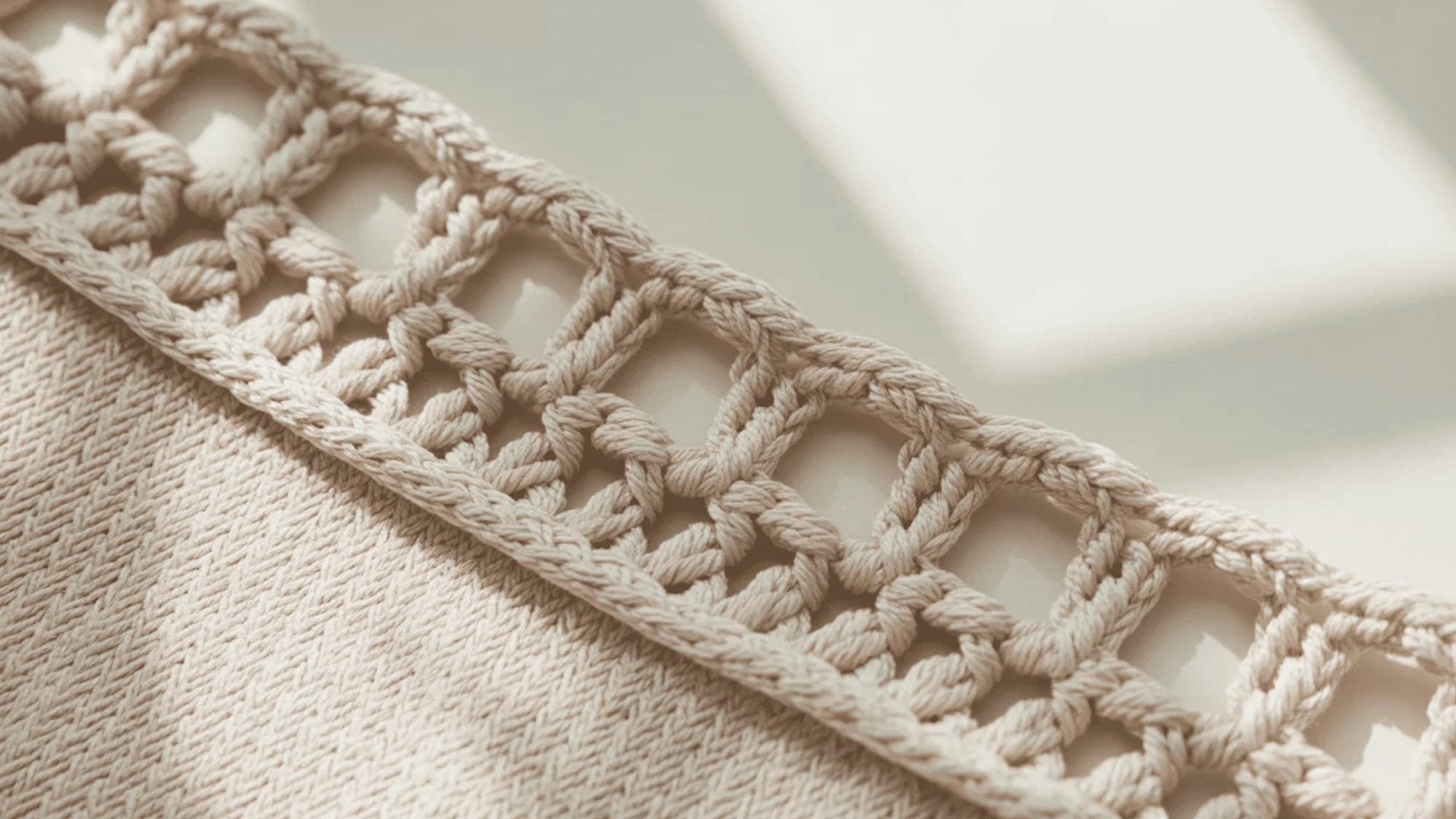 shot of a crocheted fabric with a detailed border, softly illuminated by natural light