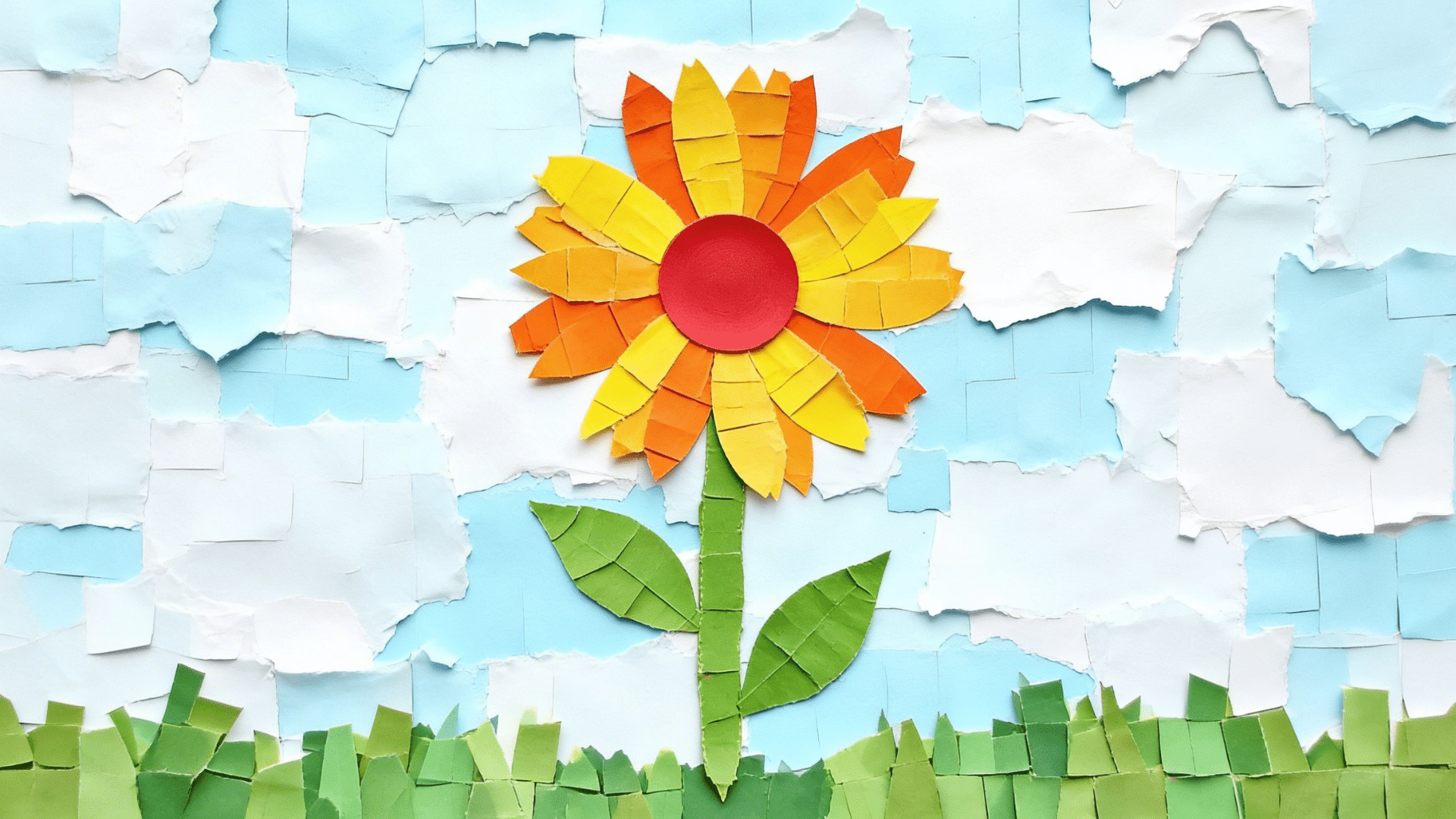 simple flower shape filled with small torn yellow and orange paper pieces with white gaps between them