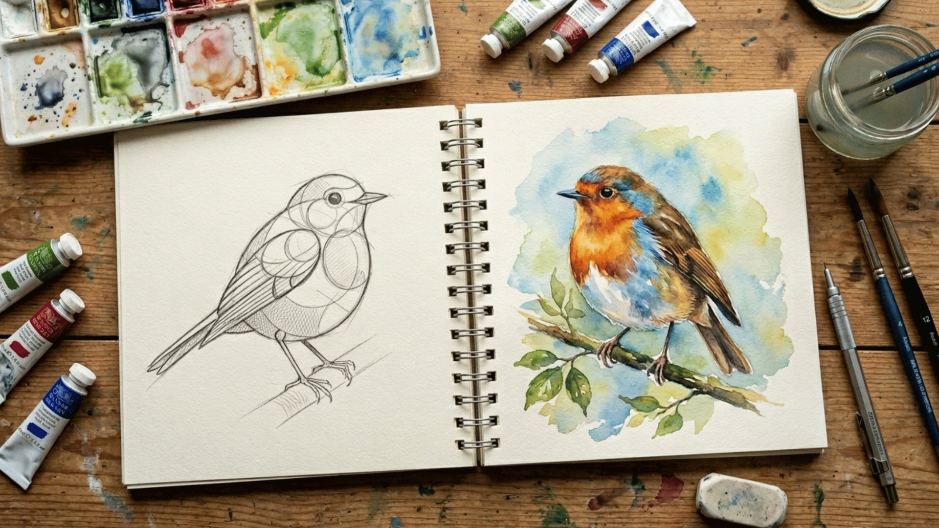 sketchbook with bird drawing and watercolor painting showing color use in art practice