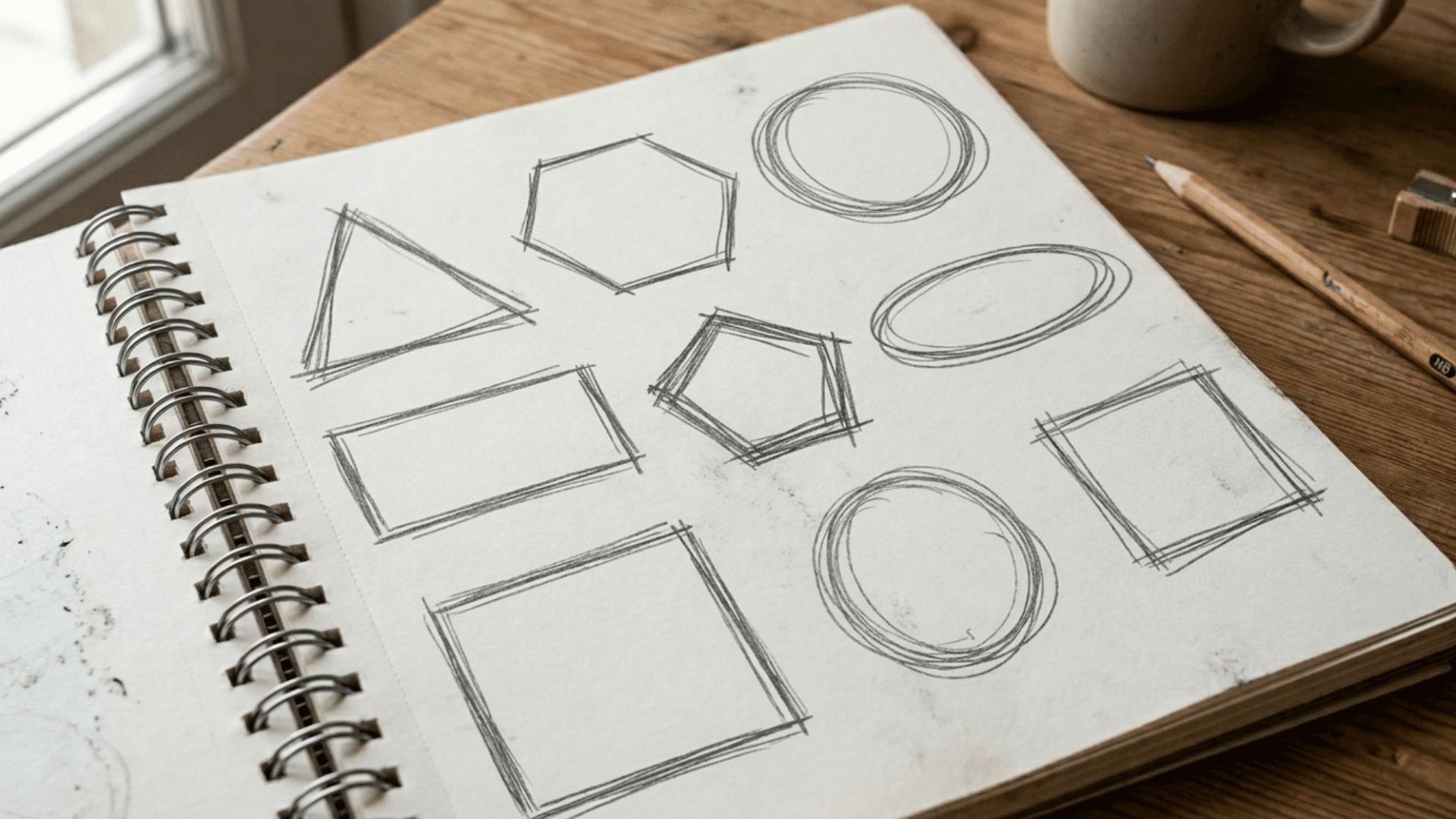sketchbook with pencil drawings of basic shapes including circles squares triangles and polygons