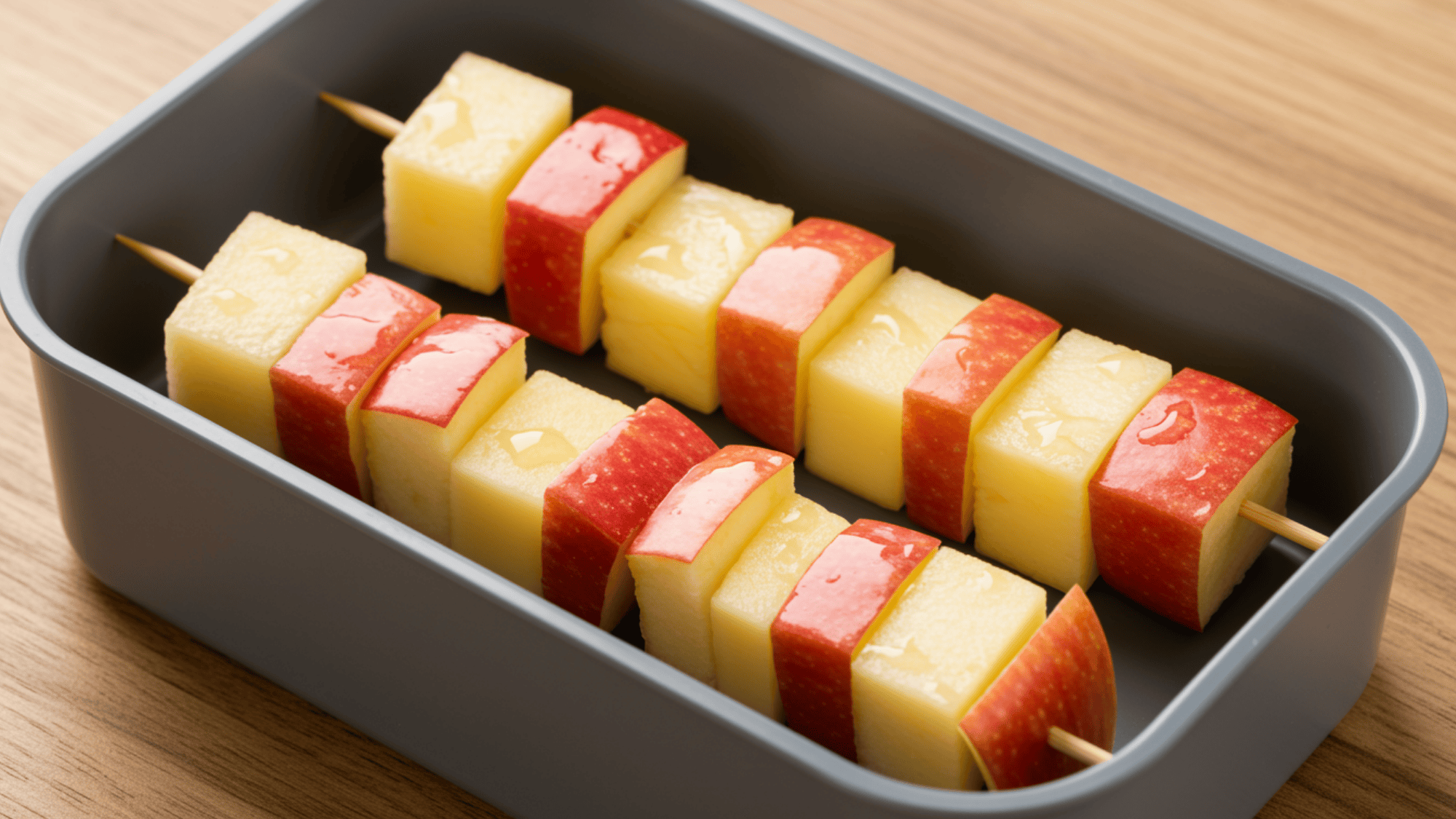skewered cubes of apple and gouda in a lunchbox, alternating colors, glossy fruit sheen