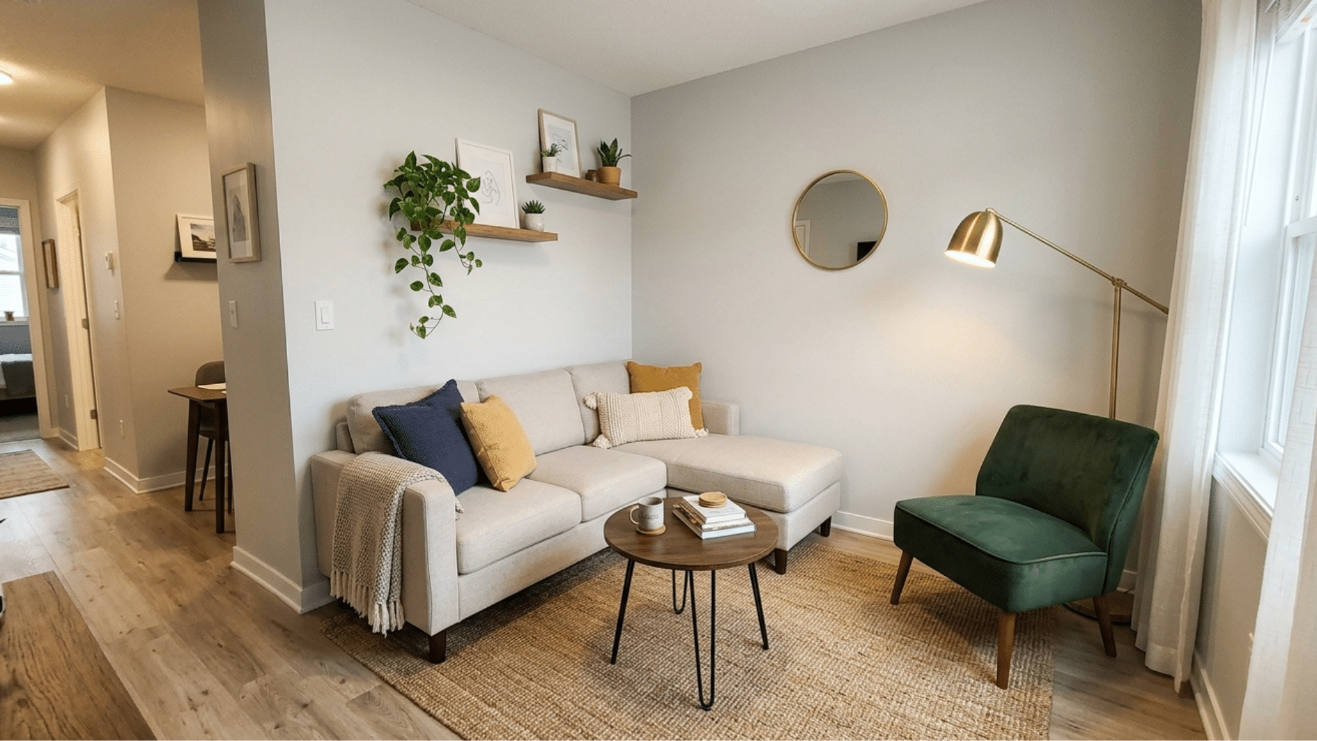 small apartment living room with compact sofa, round coffee table, green chair, floor lamp, and wall plants