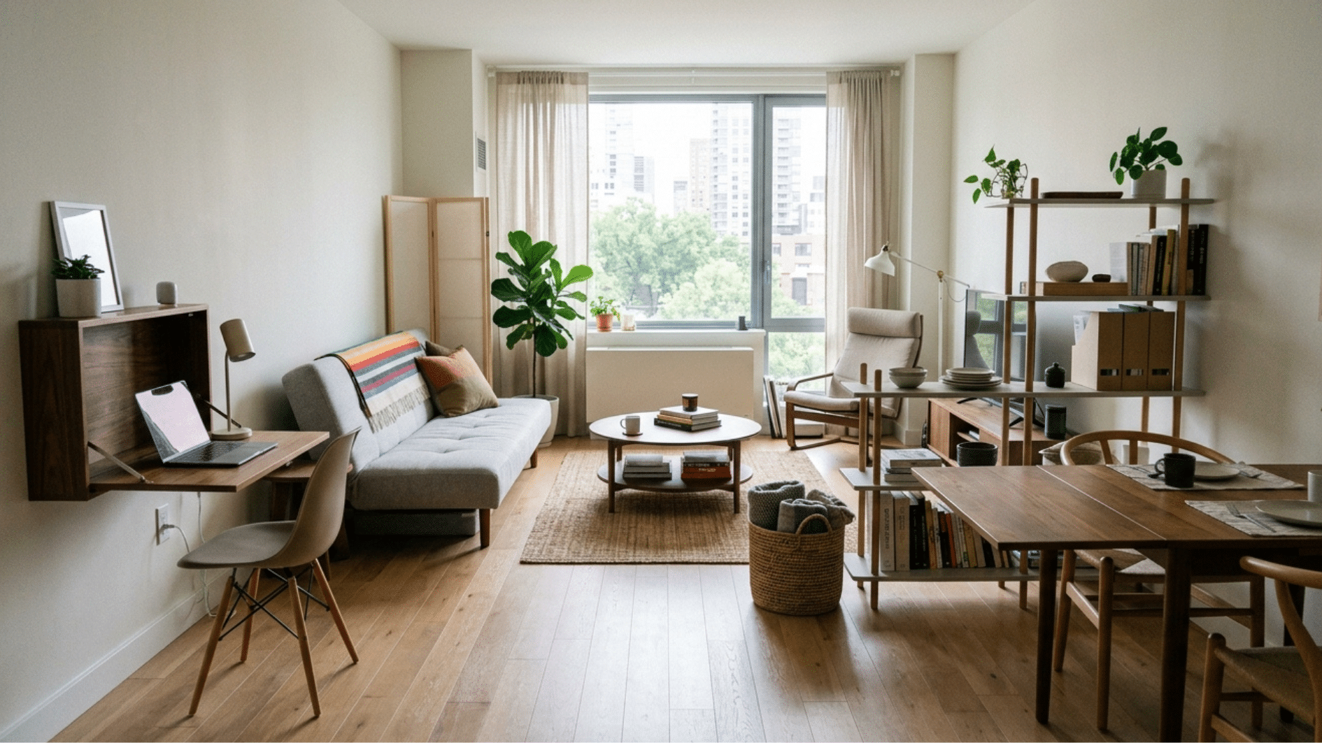 small apartment living room with workspace, sofa, dining table, shelves, plants, and large window light