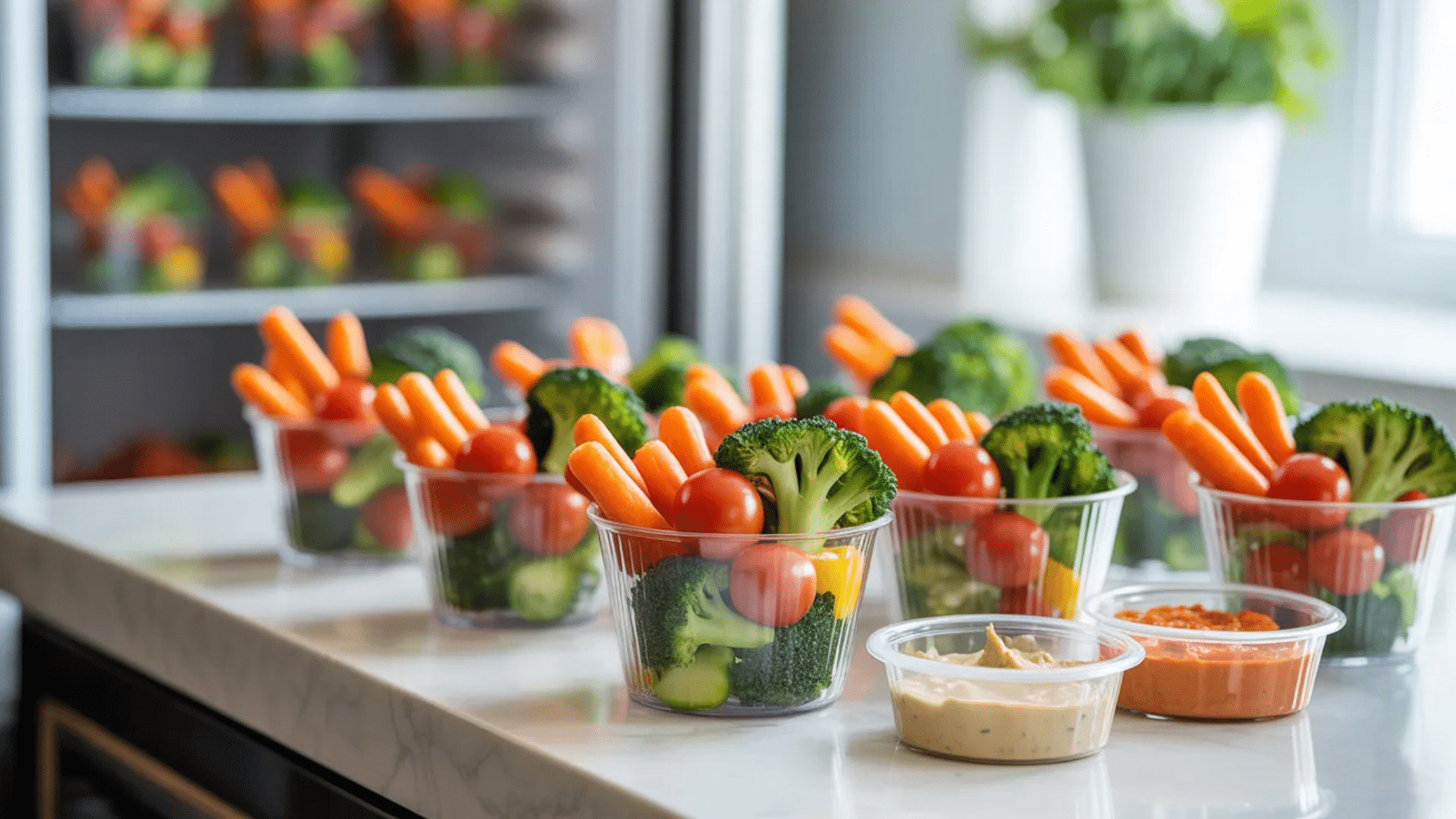 small cups filled with broccoli baby carrots cucumber and cherry tomatoes served with small containers of dipping sauce on kitchen counter