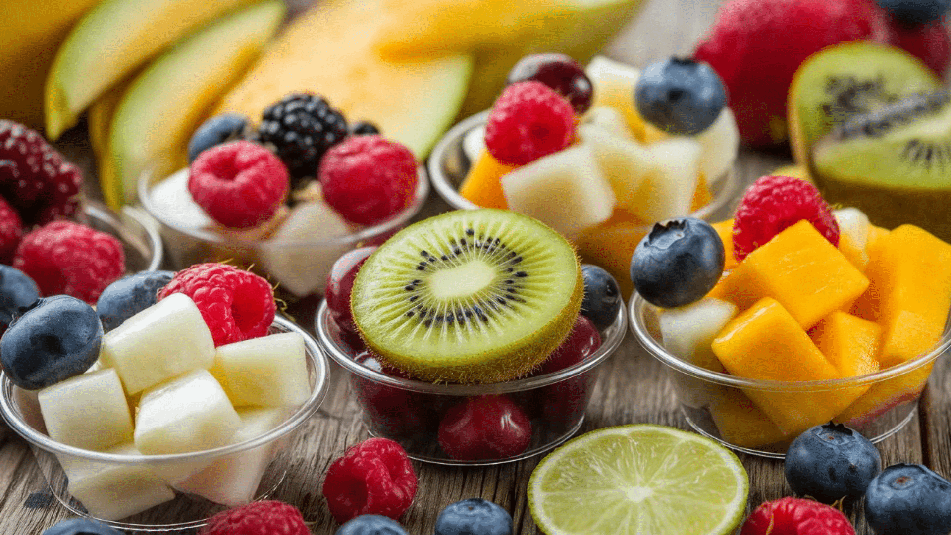 small cups filled with mixed fruit including mango melon kiwi blueberries raspberries and cherries arranged on wooden table with fresh fruit around