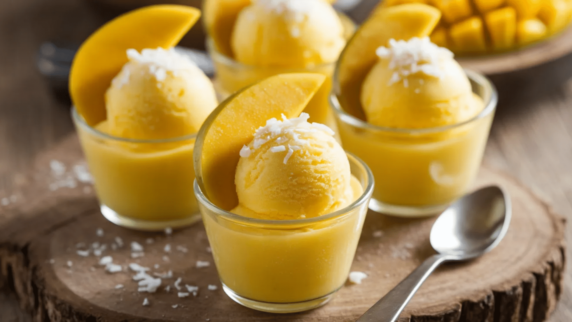 small glass cups filled with mango pudding topped with mango ice cream scoop coconut flakes and fresh mango slice on wooden board