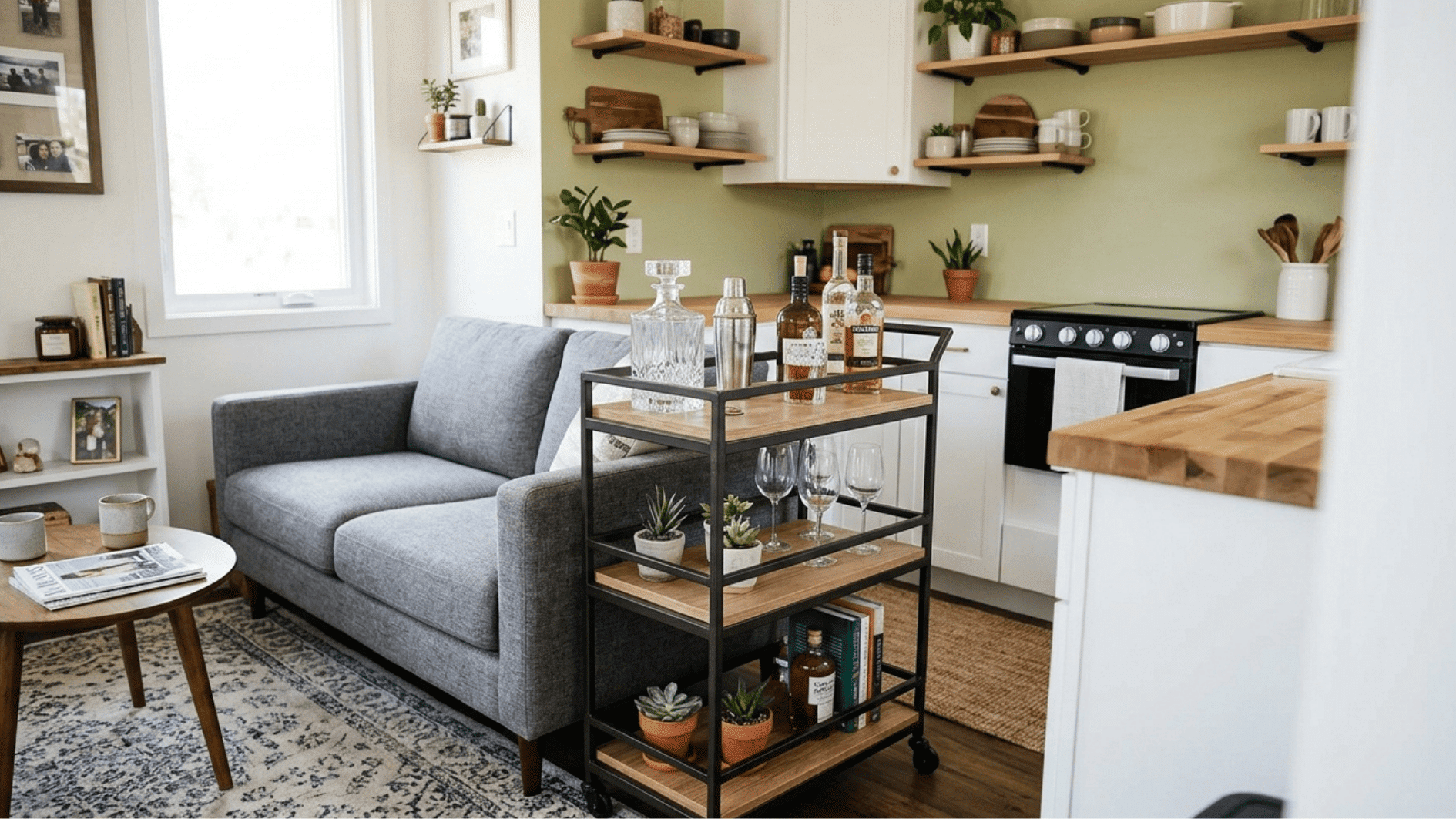 small open kitchen and living room with bar cart storage, floating shelves and cozy gray sofa