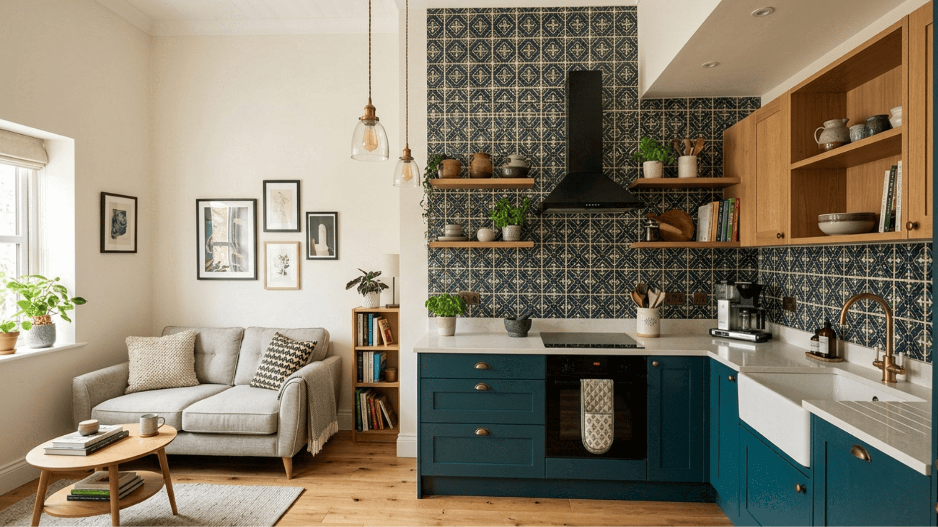small open kitchen and living room with patterned tile backsplash, blue cabinets and cozy sofa