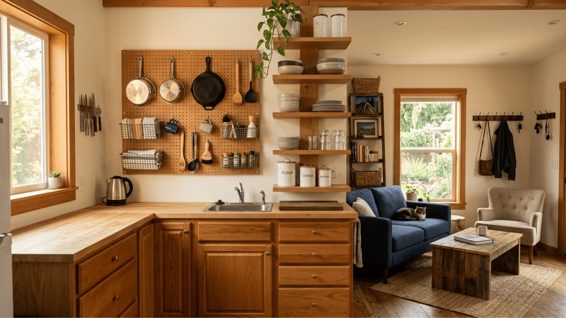 small open kitchen and living room with pegboard storage, wood cabinets and cozy seating area