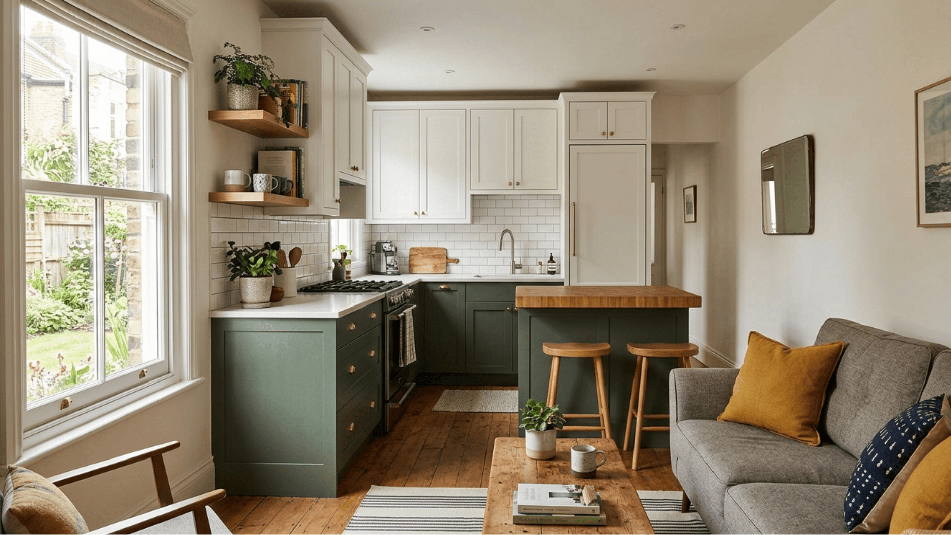 small open kitchen living room with green cabinets, wood island, cozy sofa and natural window light