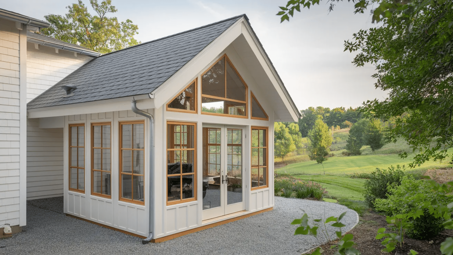 small white garden sunroom with tall wood framed windows glass doors pitched roof and gravel path beside lawn