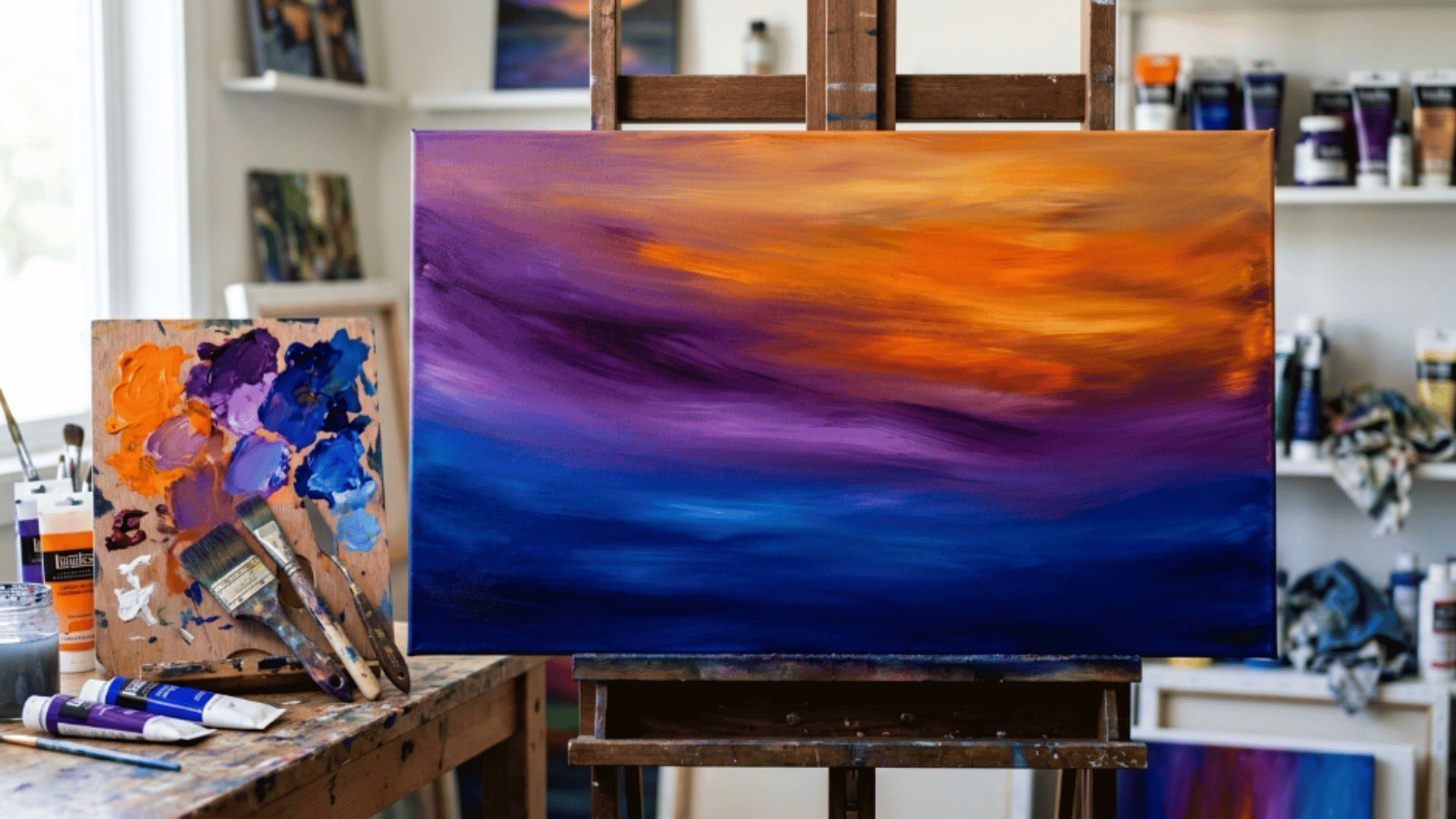 smooth acrylic gradient blending orange and purple paint across canvas forming dramatic sunset transition