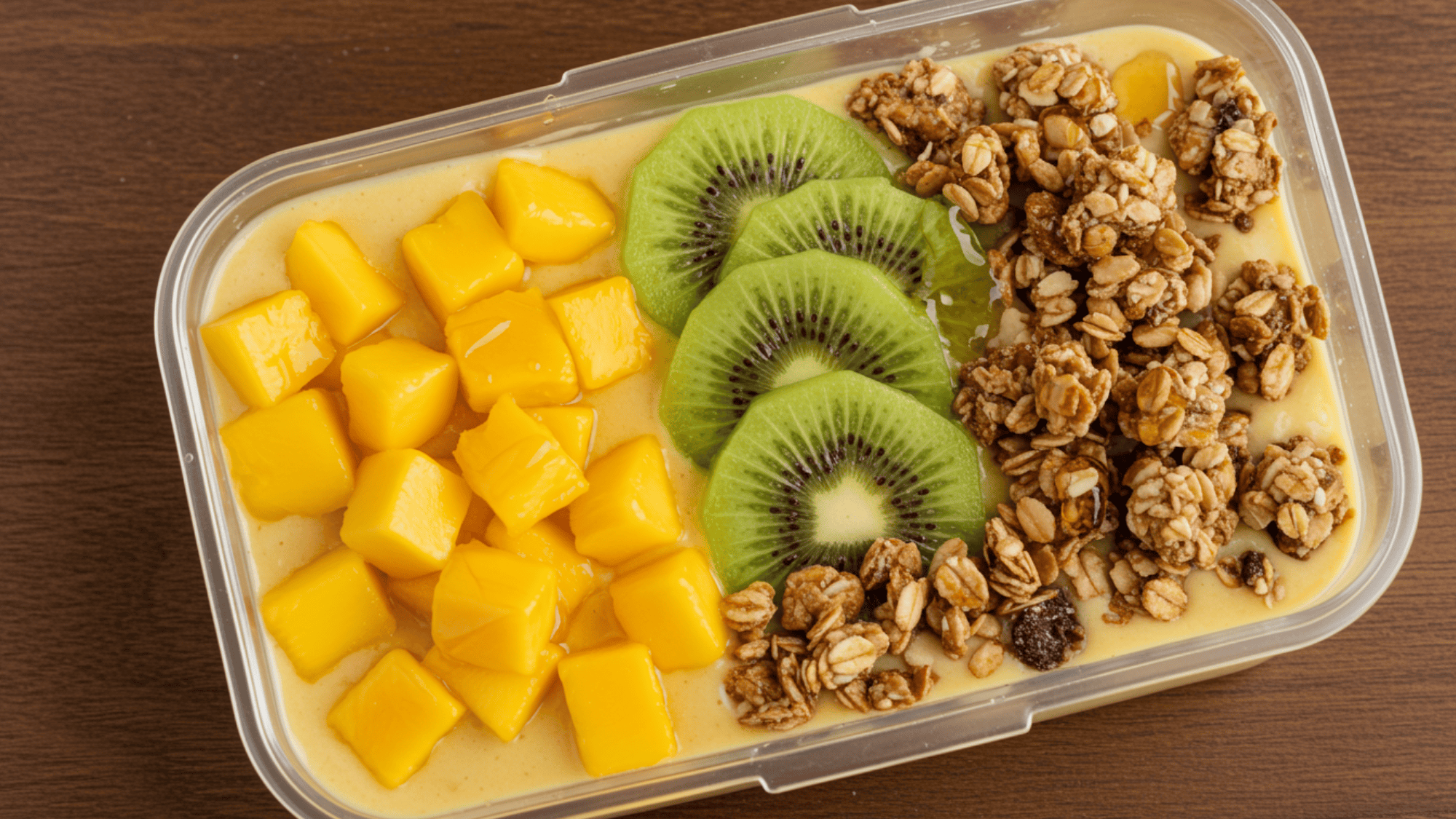 smoothie base in lunchbox topped with mango cubes, kiwi slices, toasted granola clusters, amber honey drizzle