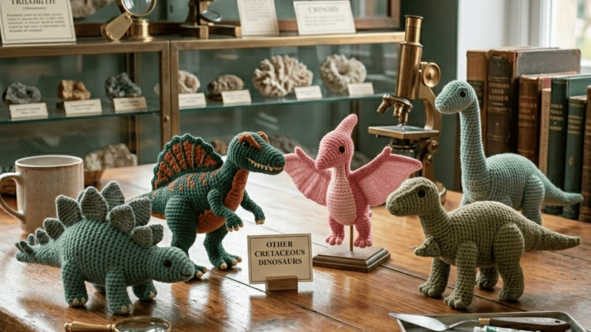 some cute little crochet dinosaurs on a table