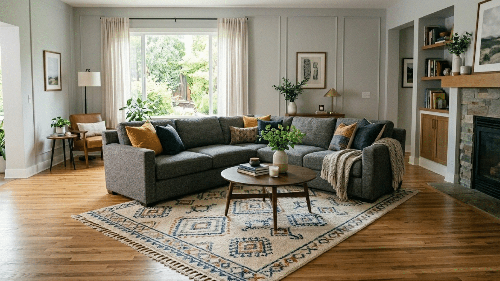 spacious living room with large sectional sofa, round coffee table, patterned rug, fireplace, and big window