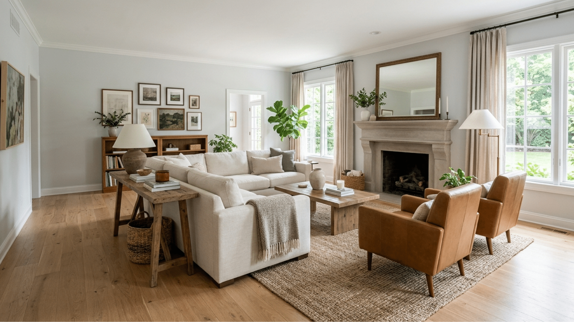 spacious living room with sofa, leather chairs, fireplace, wooden table, plants, and large windows with natural light