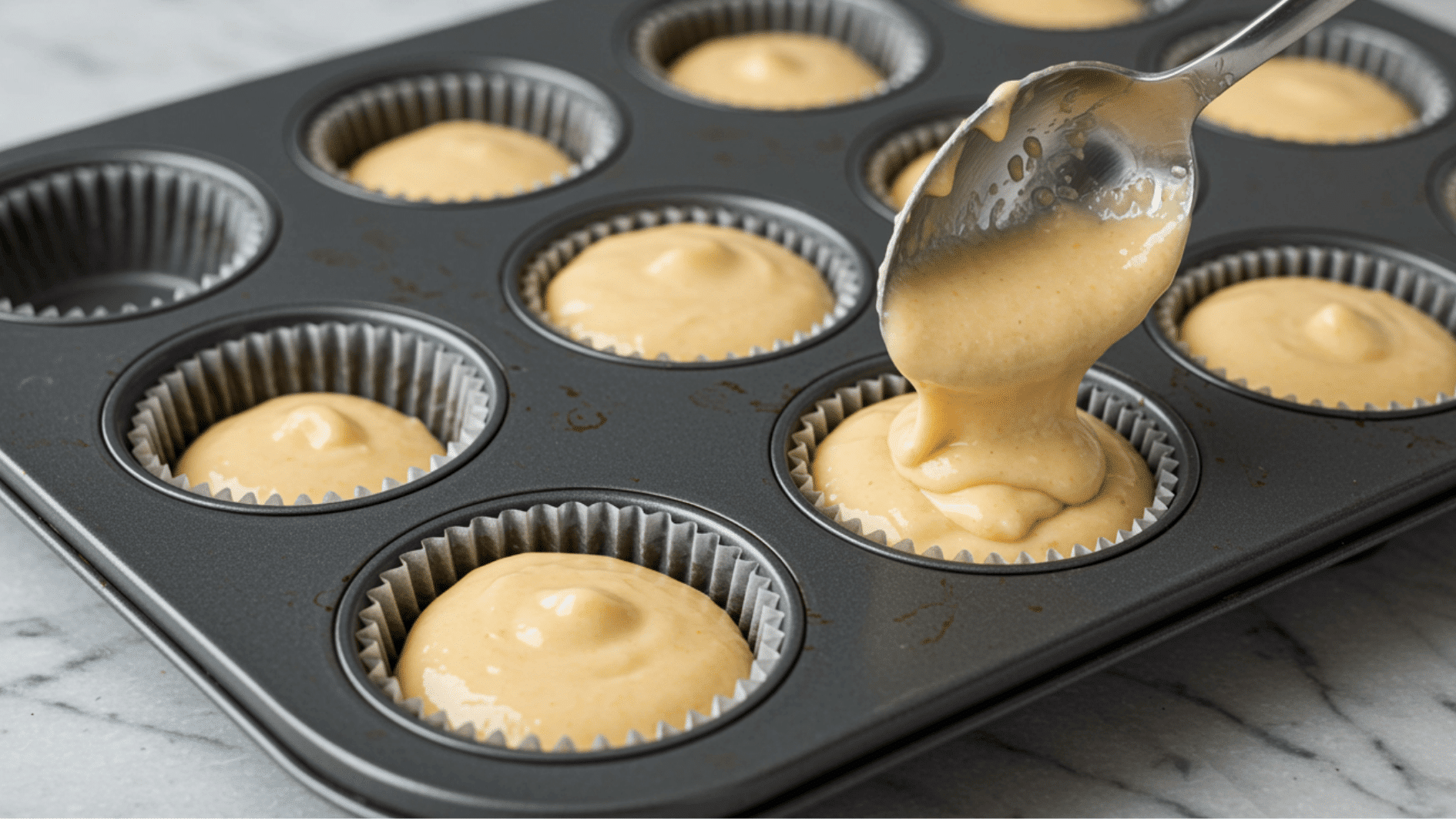 spoon adding smooth muffin batter into paper lined muffin tin cups ready for baking