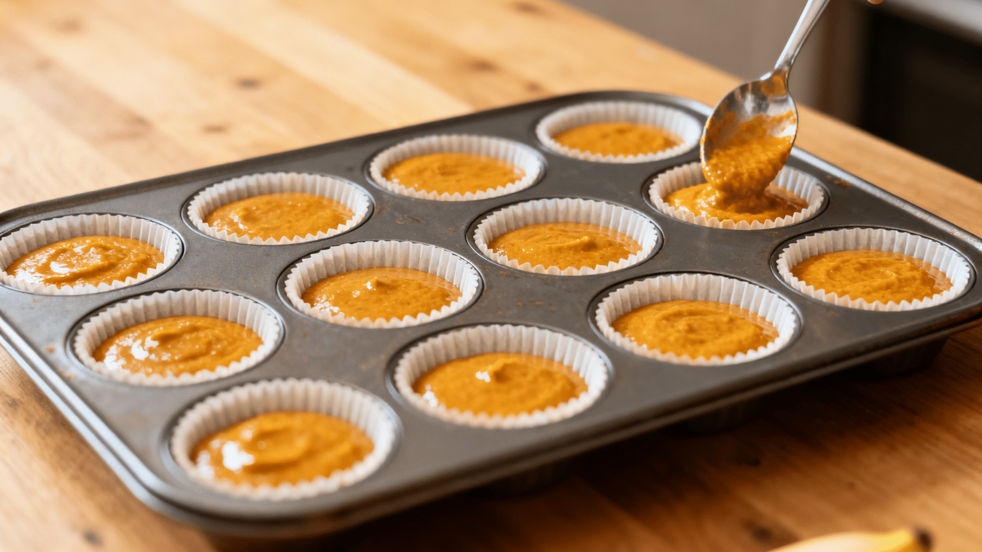 spooning pumpkin banana muffin batter into a lined 12 cup muffin pan on a wooden countertop.