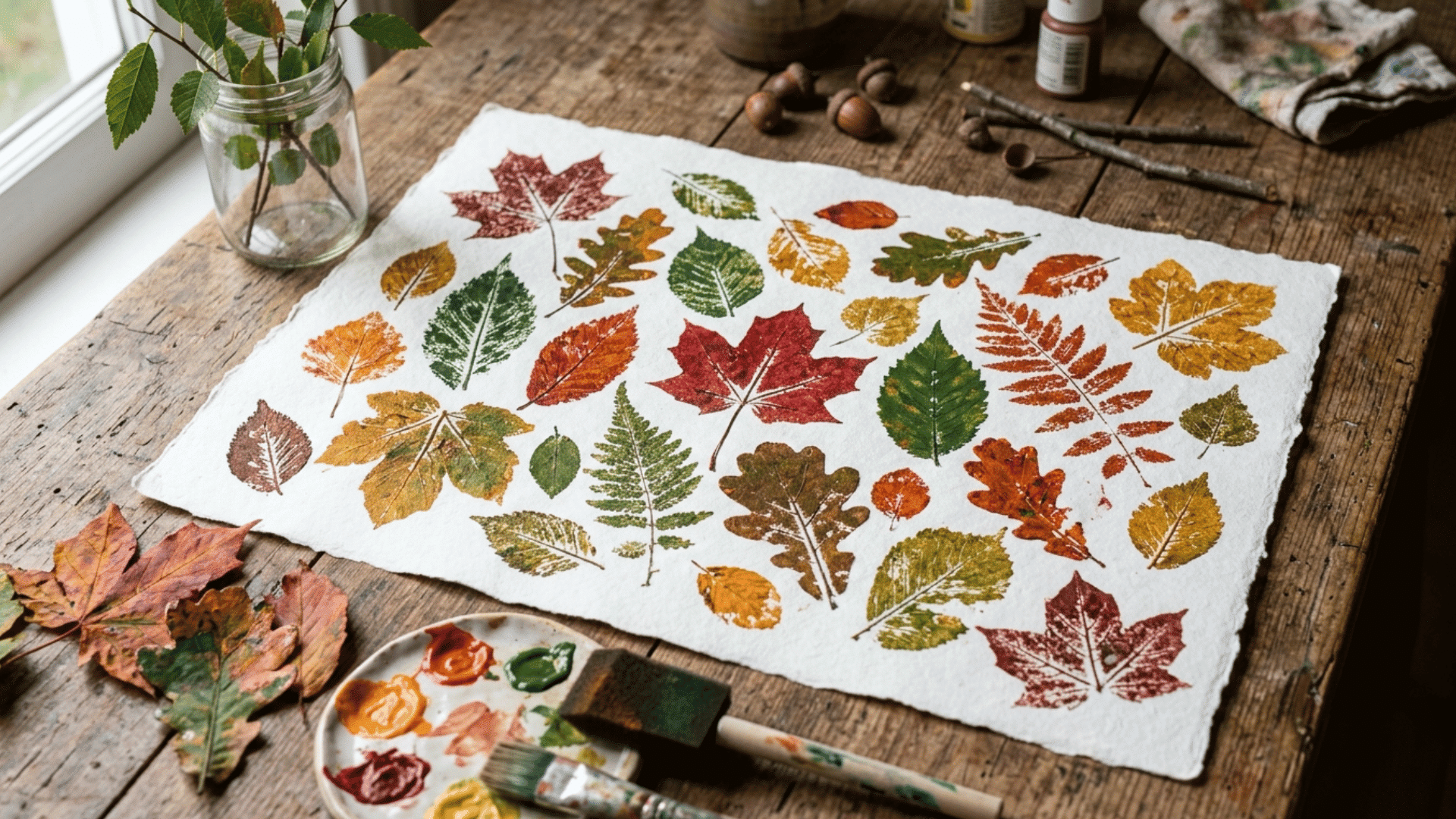 stamped painted leaves on paper to make colorful nature art at home