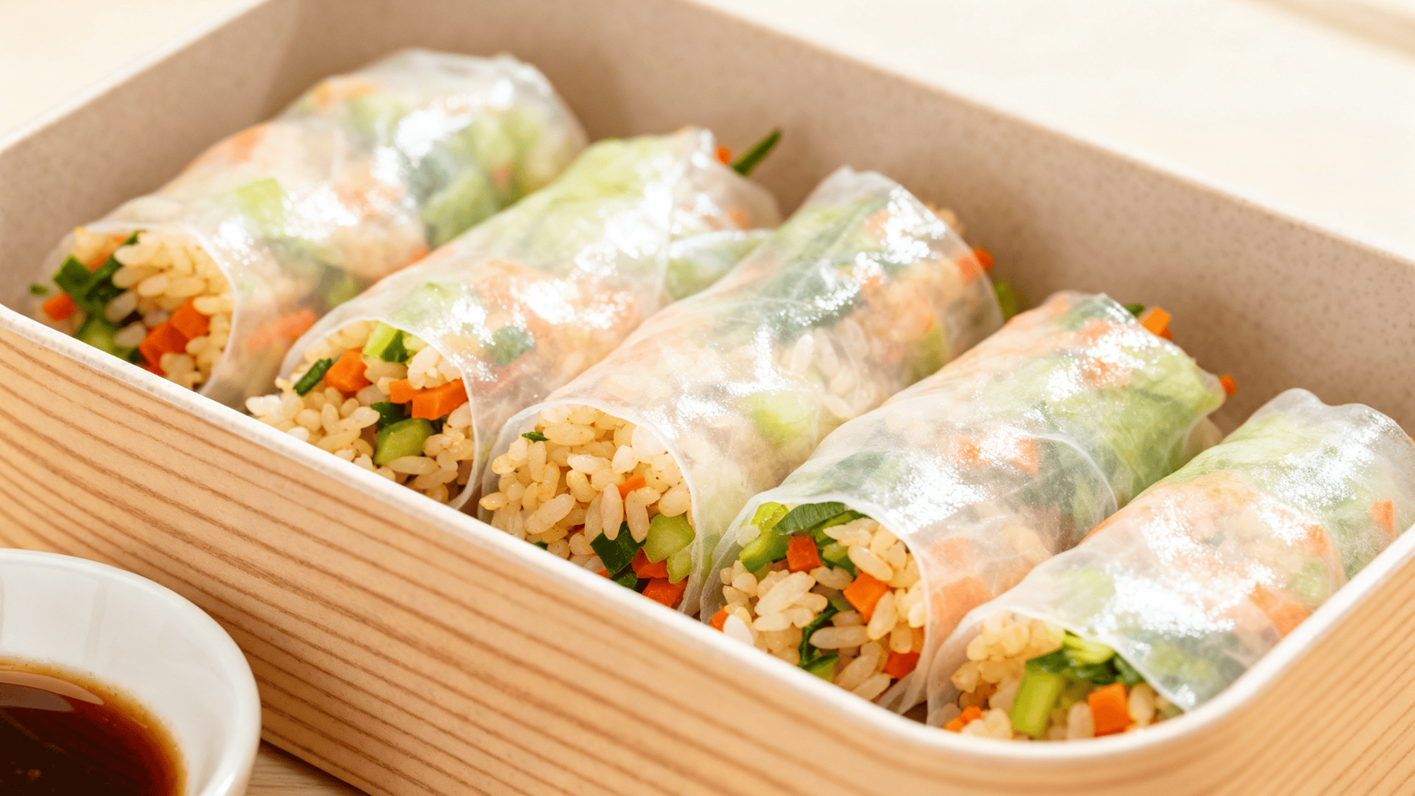 steamed rice and finely chopped veggies wrapped in translucent rice paper rolls in a bento lunchbox, neat arrangement