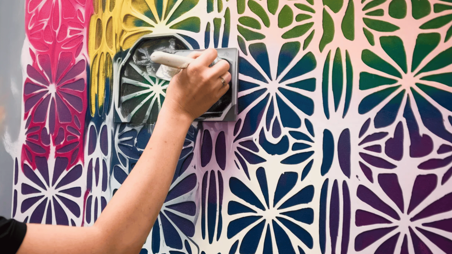 stenciled geometric design with crisp, clean lines and colorful background