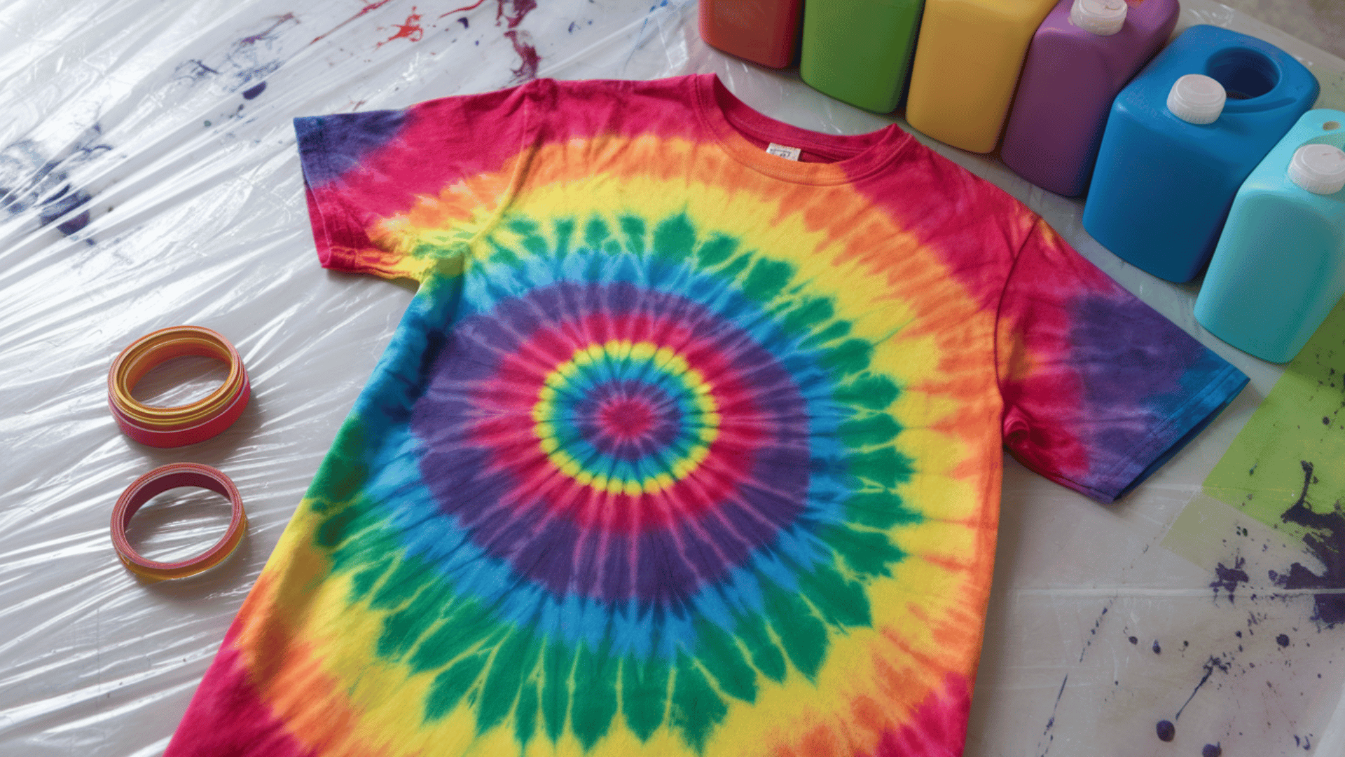 step-by-step rainbow tie-dye t-shirt project for kids with materials, instructions, and pro tip