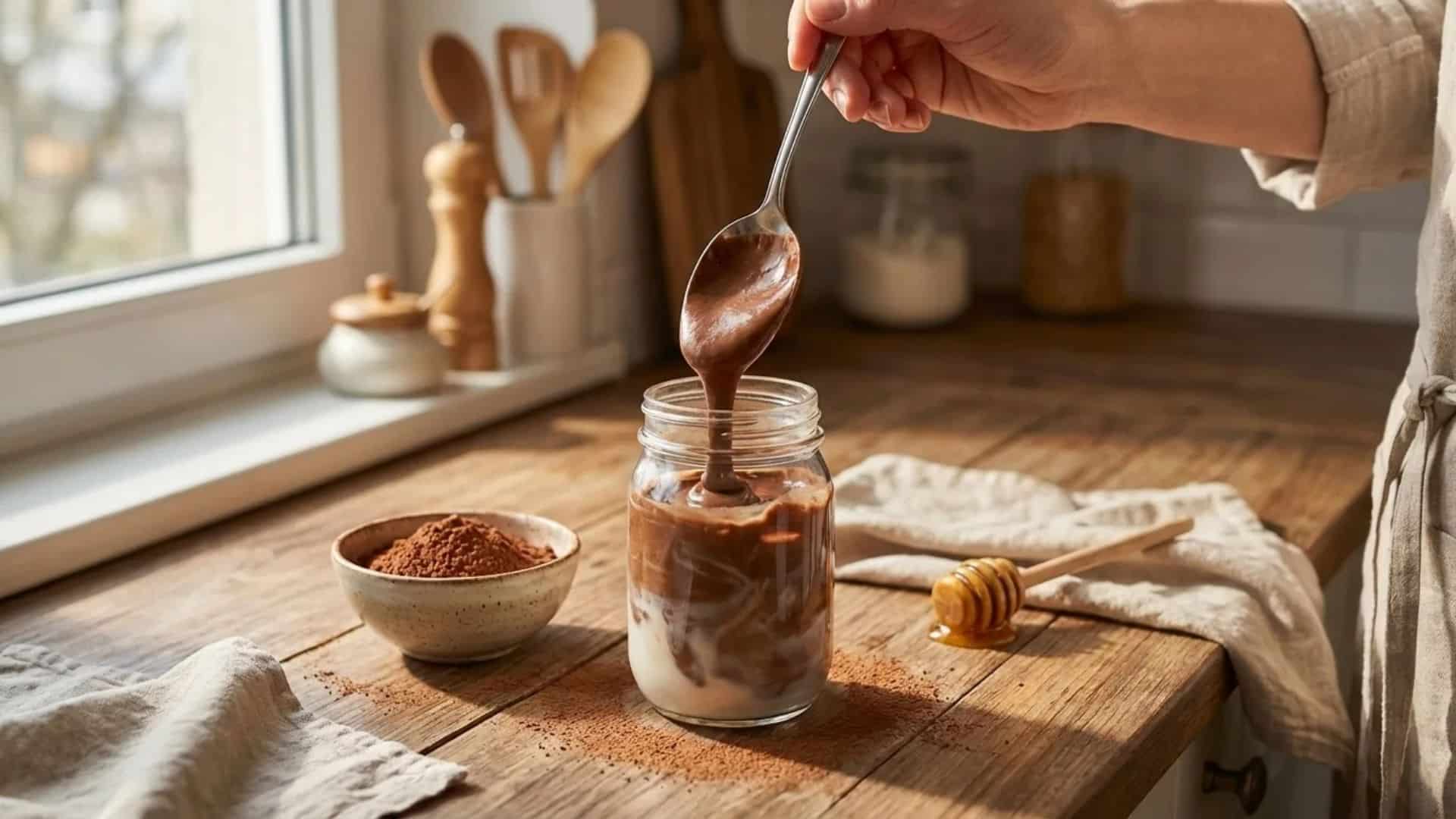 stirring cocoa and sweetener into warm milk in a glass jar to create a smooth chocolate paste on a wooden kitchen counter with cocoa powder and honey nearby