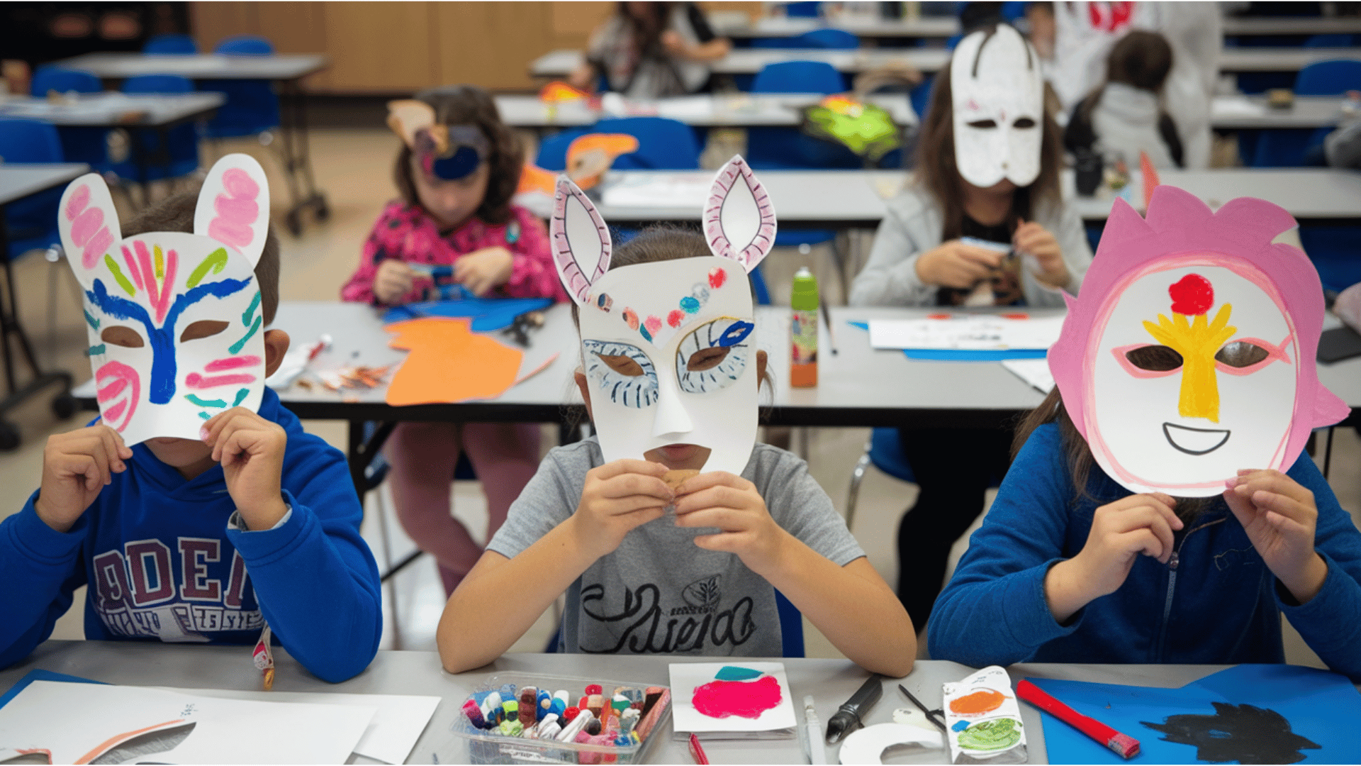 students wearing and decorating handmade paper masks during a classroom art activity.