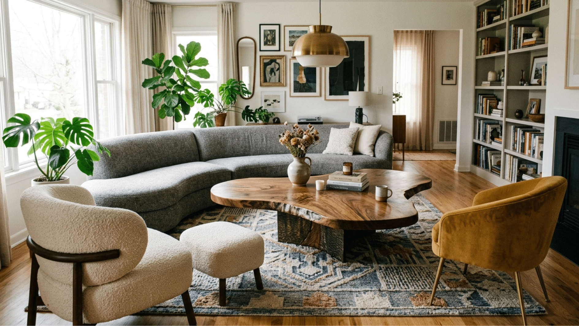 stylish living room with curved sofa, wooden coffee table, accent chairs, plants, and large bright windows