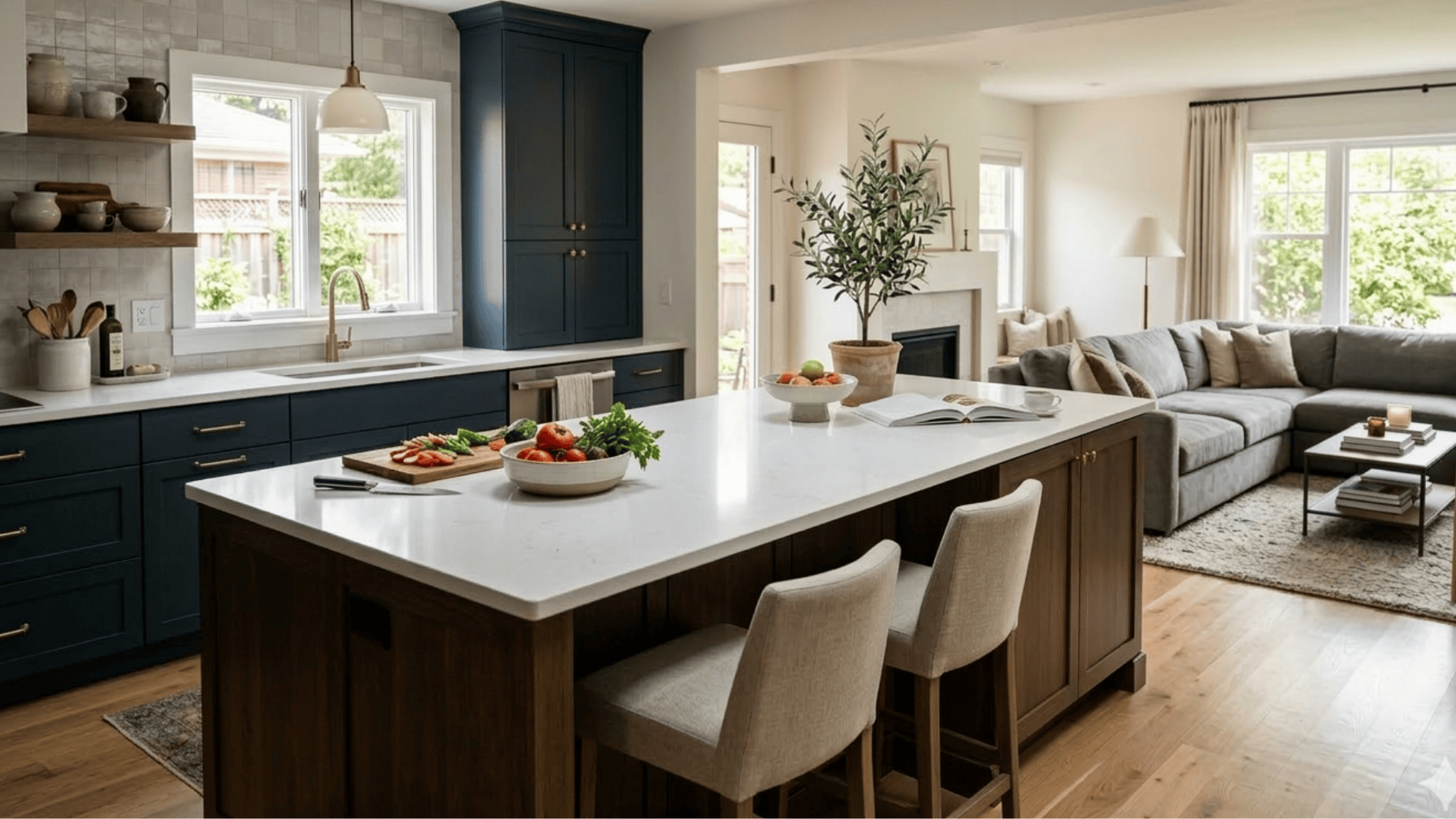 stylish looking kitchen connected with living room having natural divider