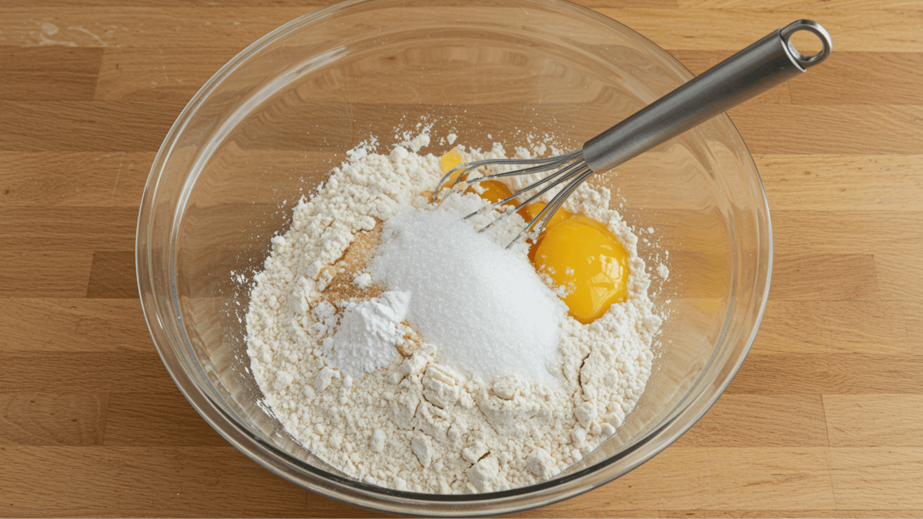 sugar baking powder and egg placed in a bowl with a whisk ready to be mixed together to prepare pancake batter for cooking