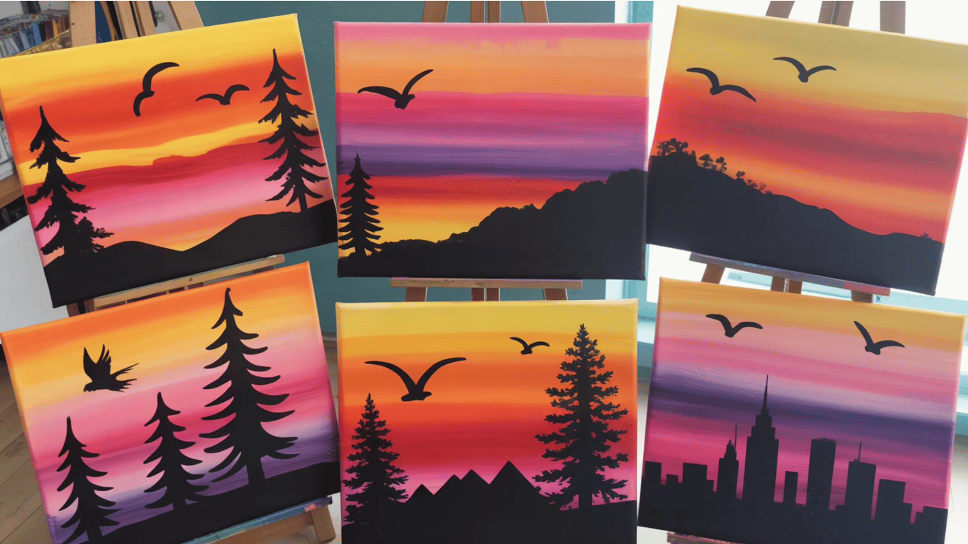 sunset paintings with colorful skies, bird silhouettes, trees, and city skyline.