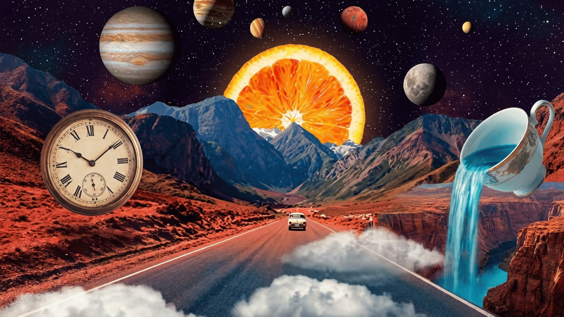 surreal digital artwork featuring a cup acting as a waterfall, landscape with solar system as a sky and impossible imaginative scenery