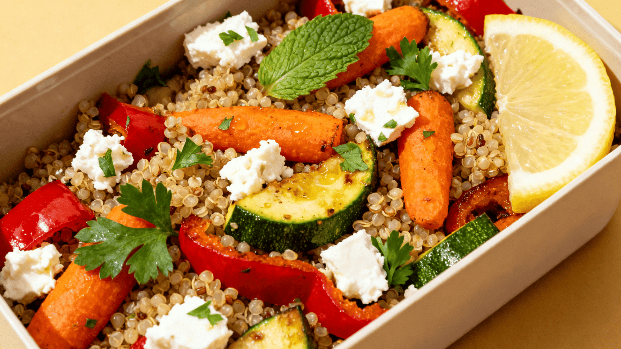 sweet and savory quinoa Salad, mixed quinoa, roasted sweet potatoes, feta, arugula, pomegranate seeds, lemon vinaigrette