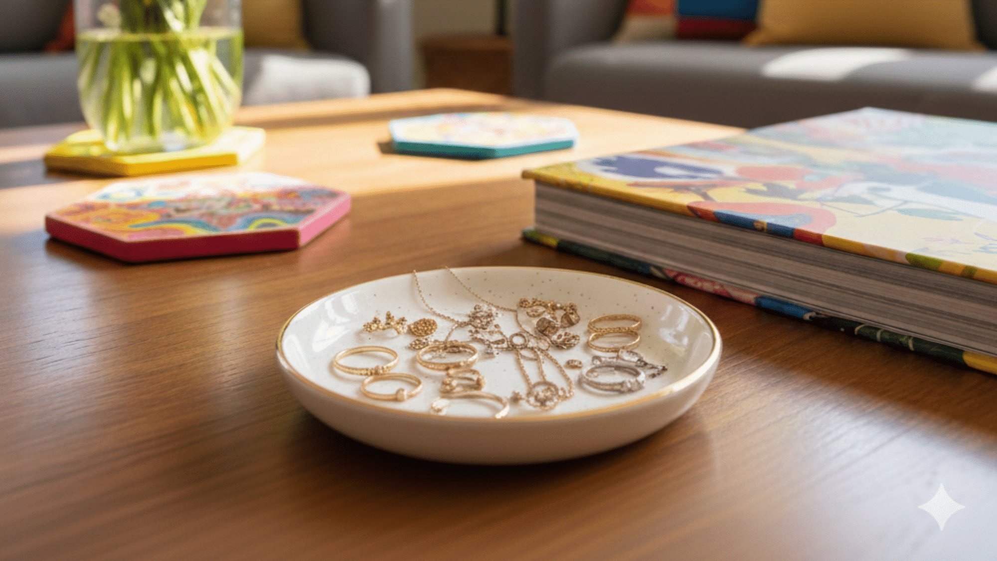 table with a white plate displaying a collection of rings, with a vase of flowers and vibrant cushions in the background