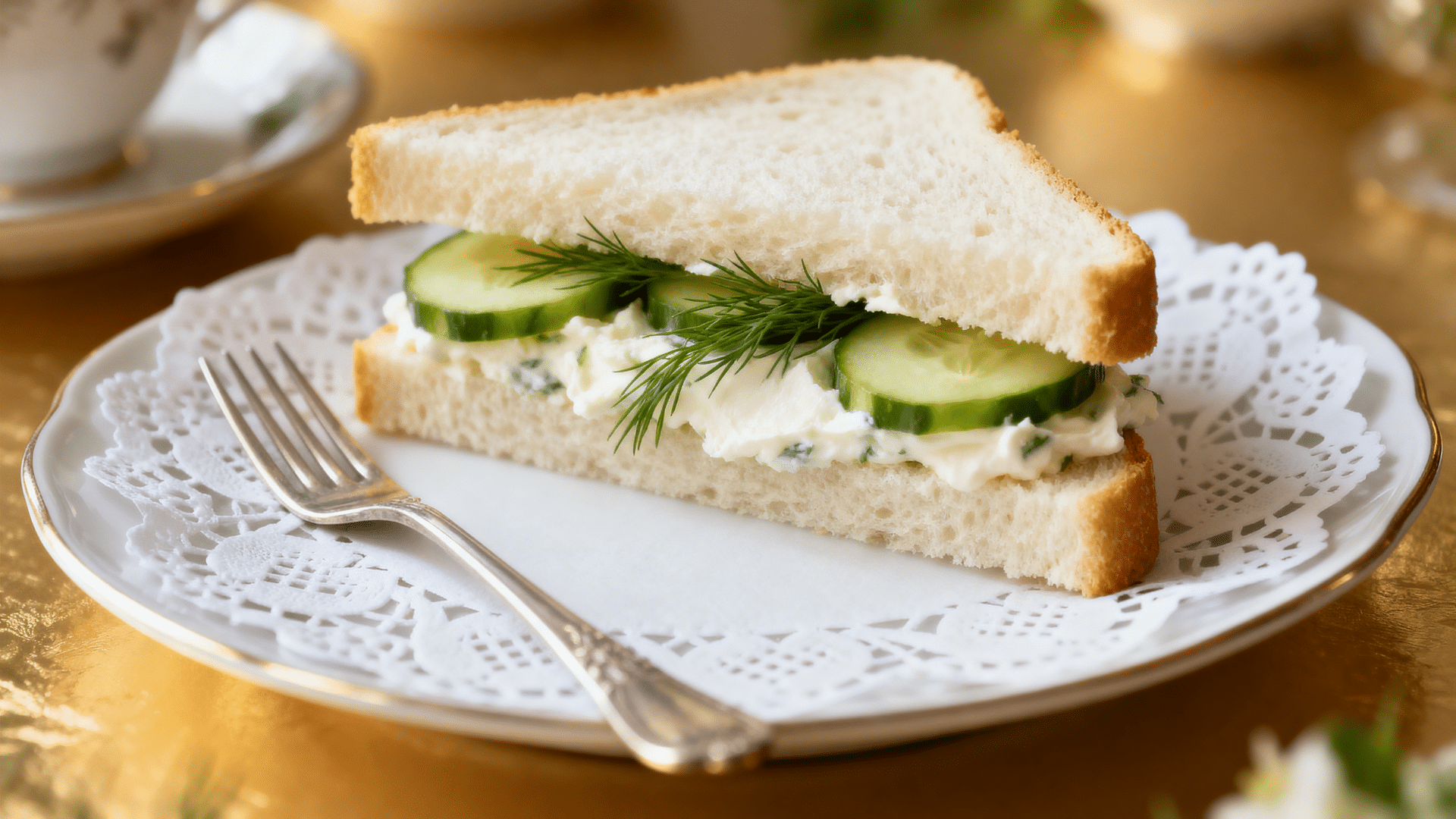 tea sandwiches with crust and cut into triangles arranged neatly on a plane