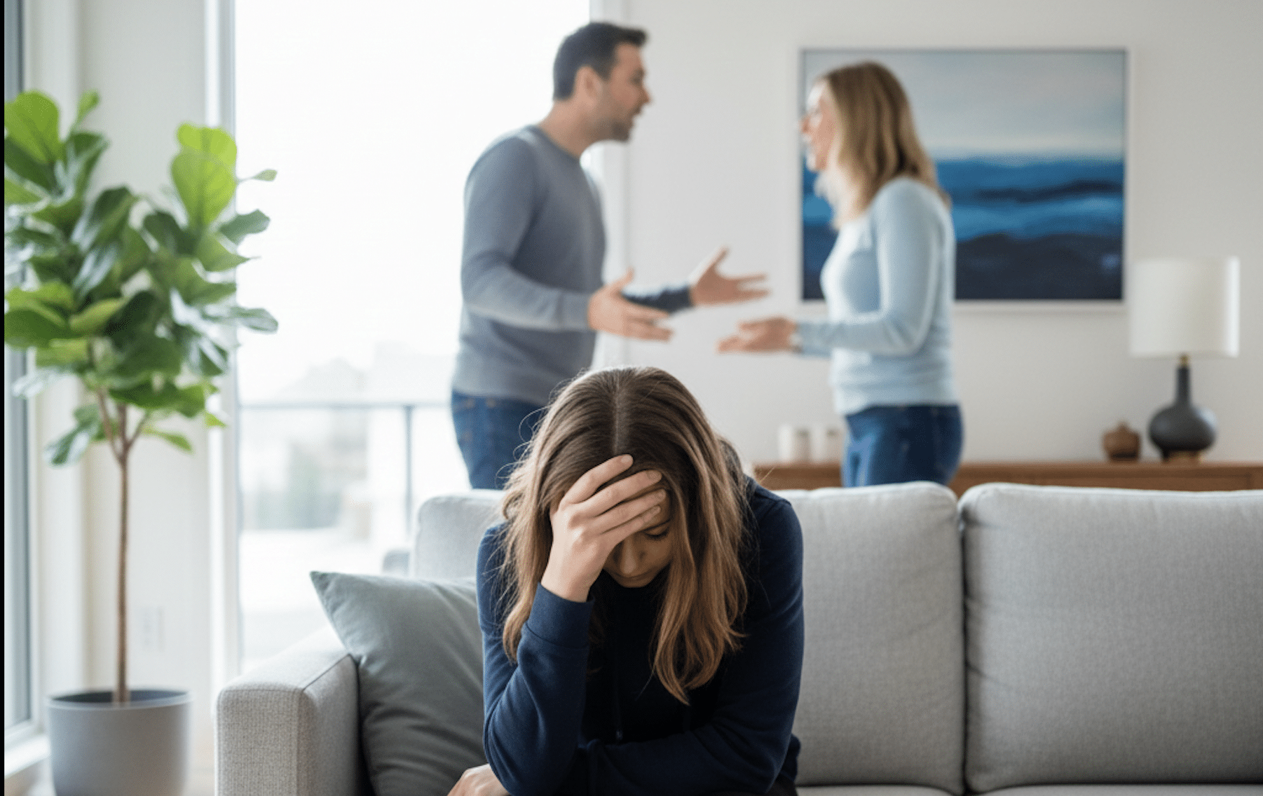 teenage girl sitting on the couch with her hand on her forehead, distressed, while her parents argue